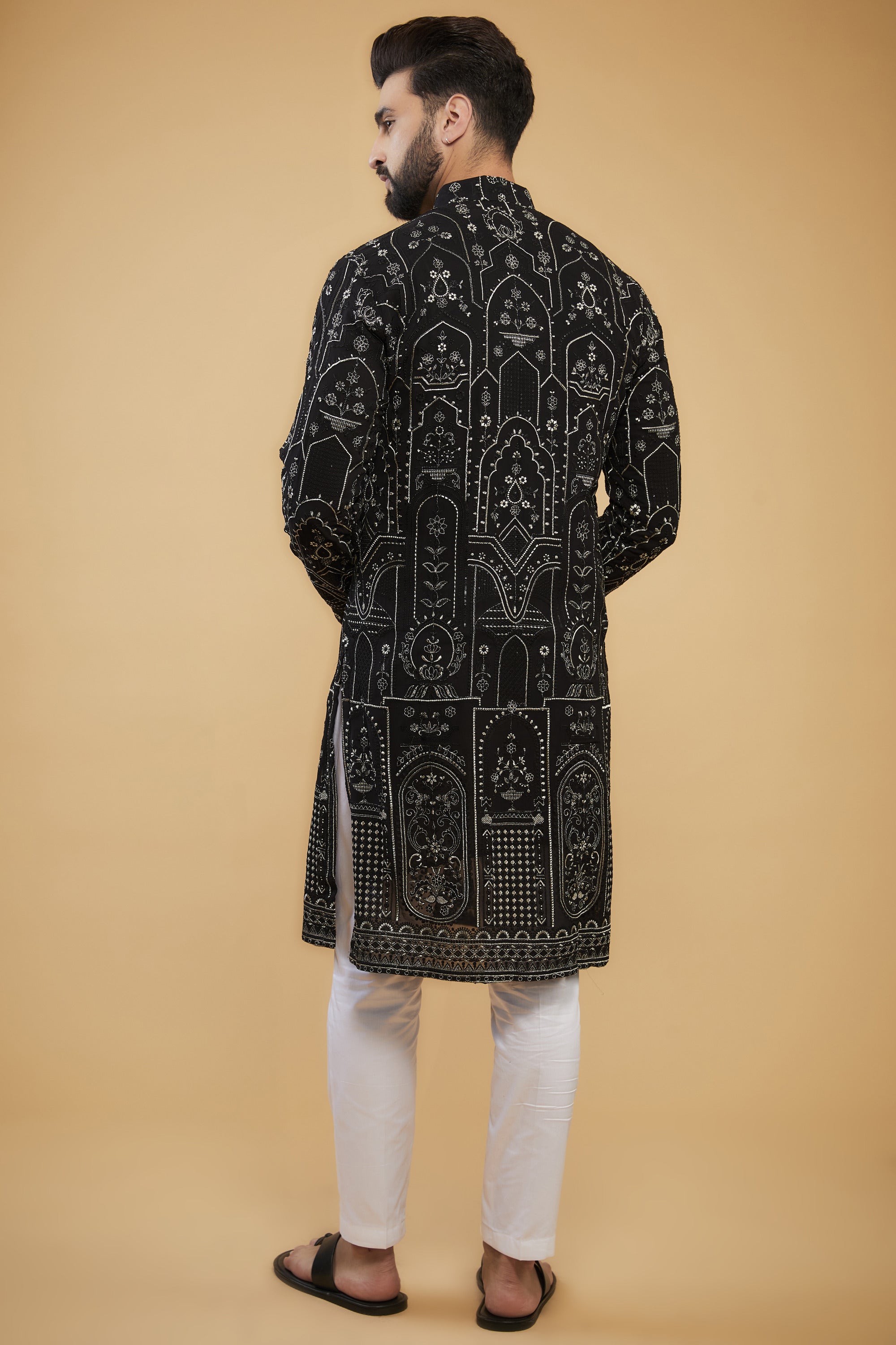 Black chikankari kurta with black and silver kashmiri thread embroidery - kasbahmen