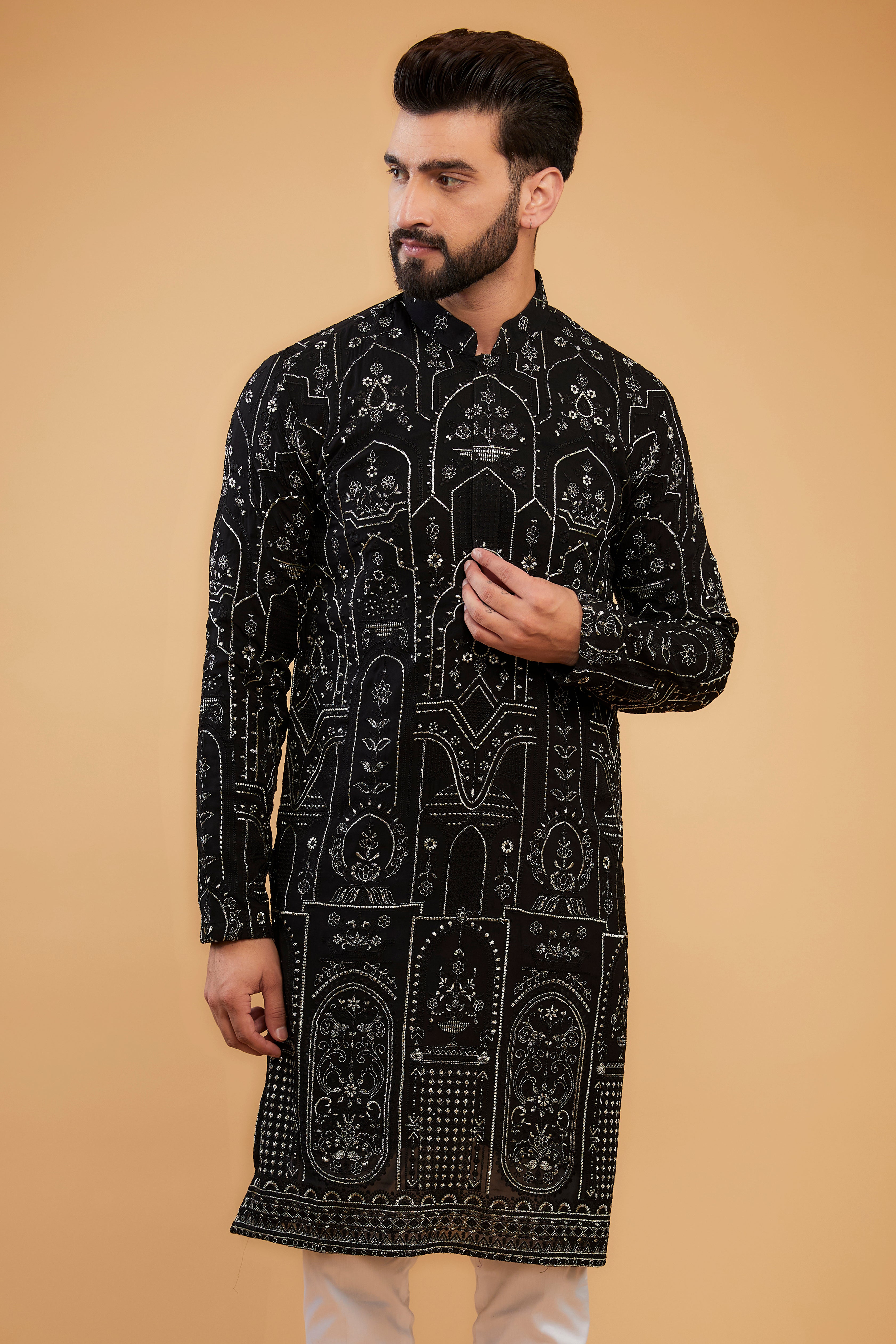 Black chikankari kurta with black and silver kashmiri thread embroidery - kasbahmen