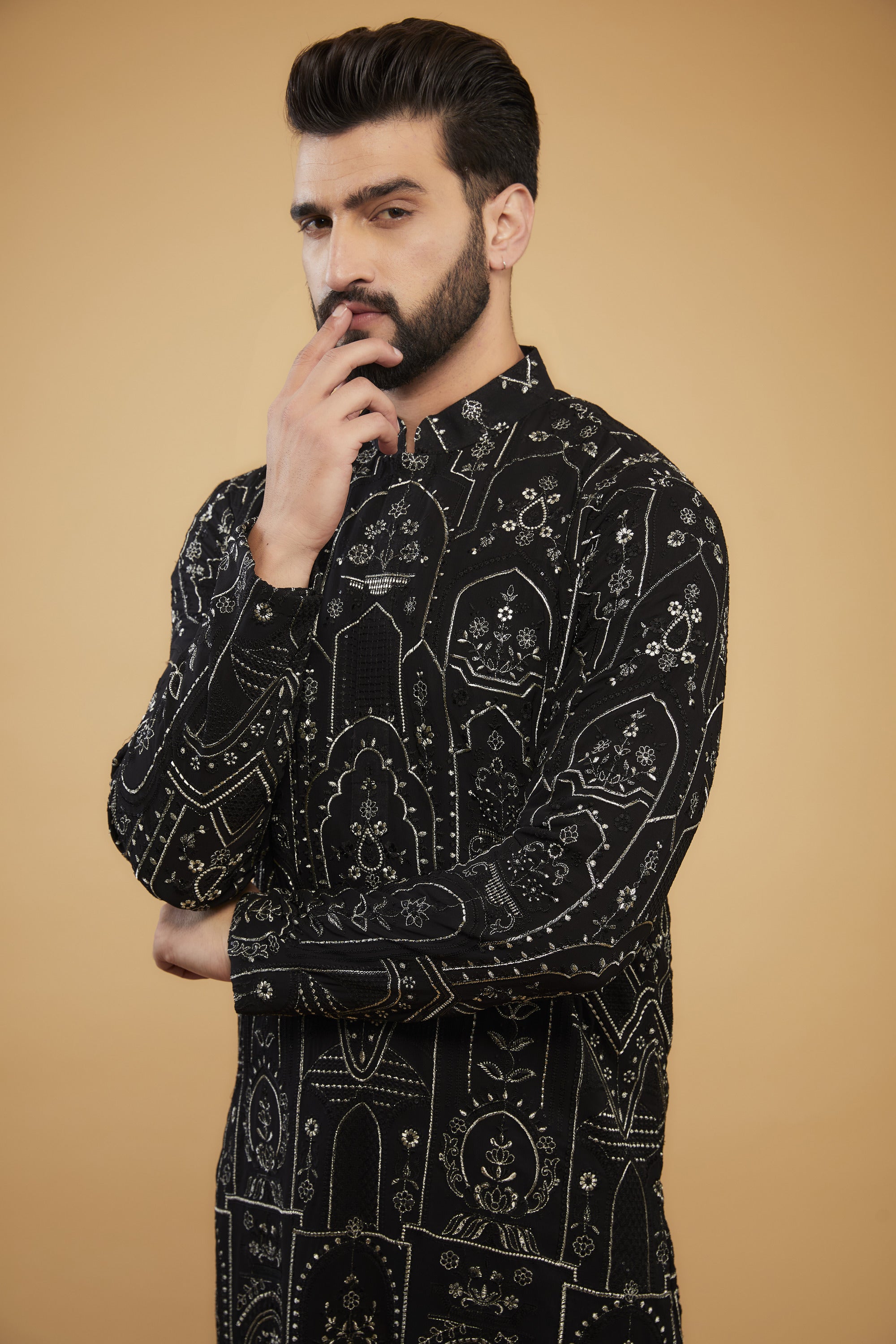 Black chikankari kurta with black and silver kashmiri thread embroidery - kasbahmen