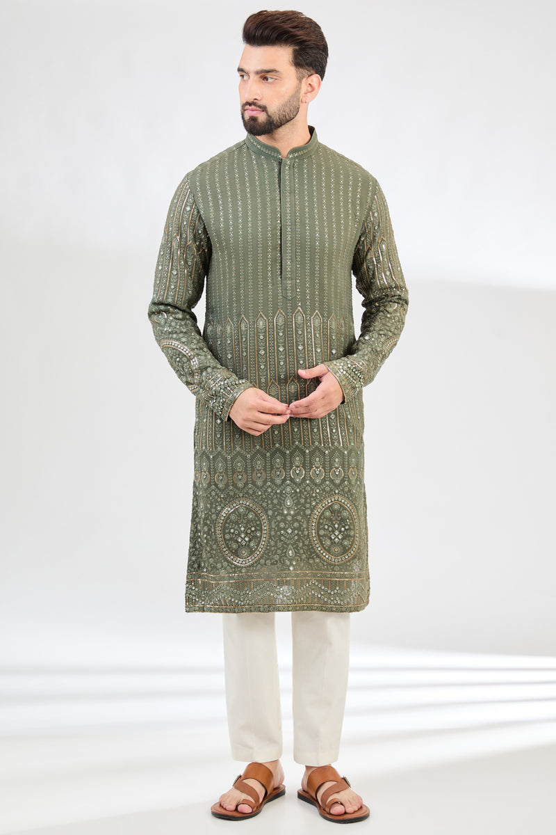 Military green chikankari kurta with intricate ghera embroidary. - kasbahmen