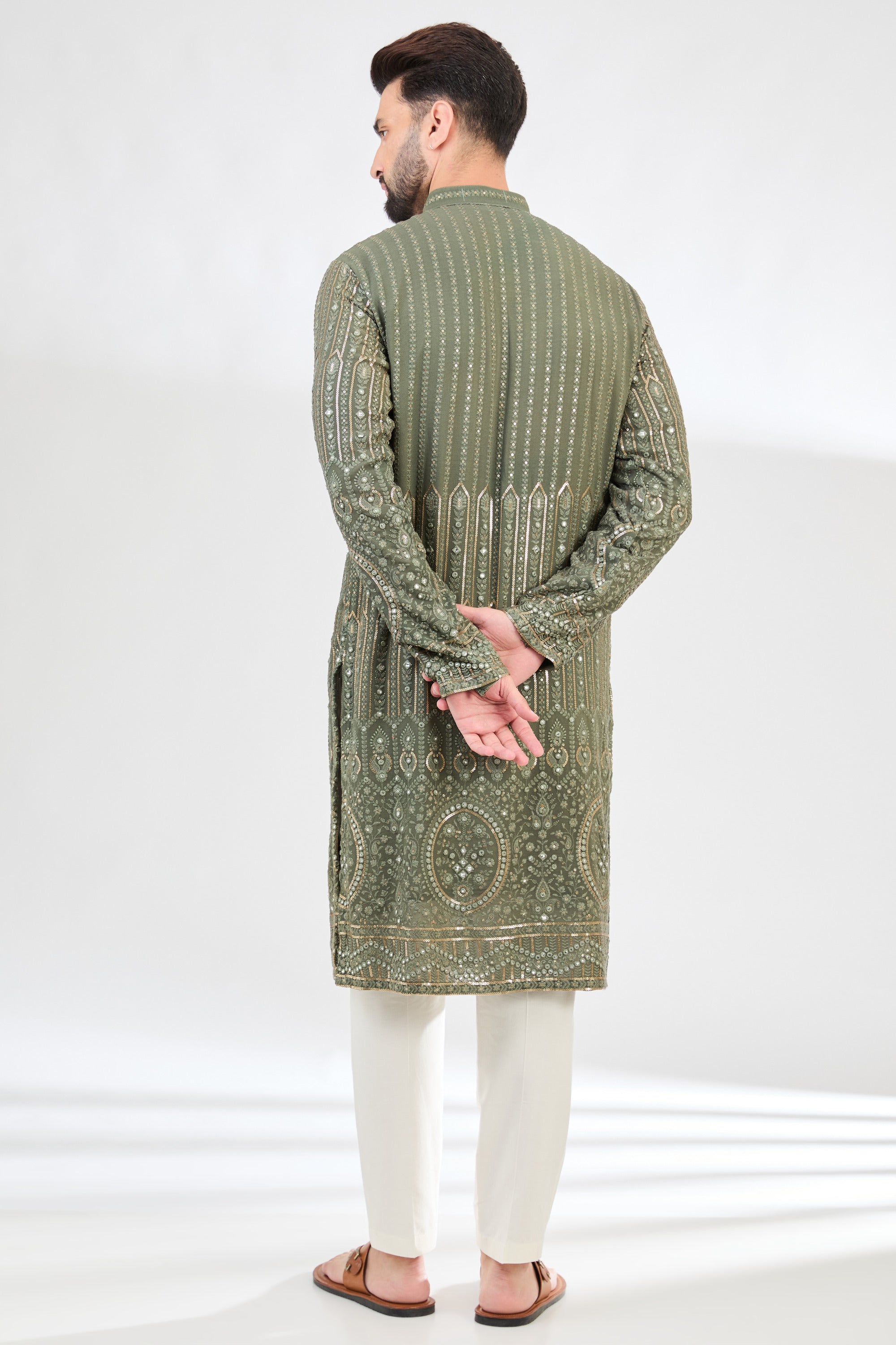 Military green chikankari kurta with intricate ghera embroidary. - kasbahmen