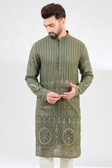 Military green chikankari kurta with intricate ghera embroidary. - kasbahmen