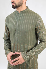 Military green chikankari kurta with intricate ghera embroidary. - kasbahmen