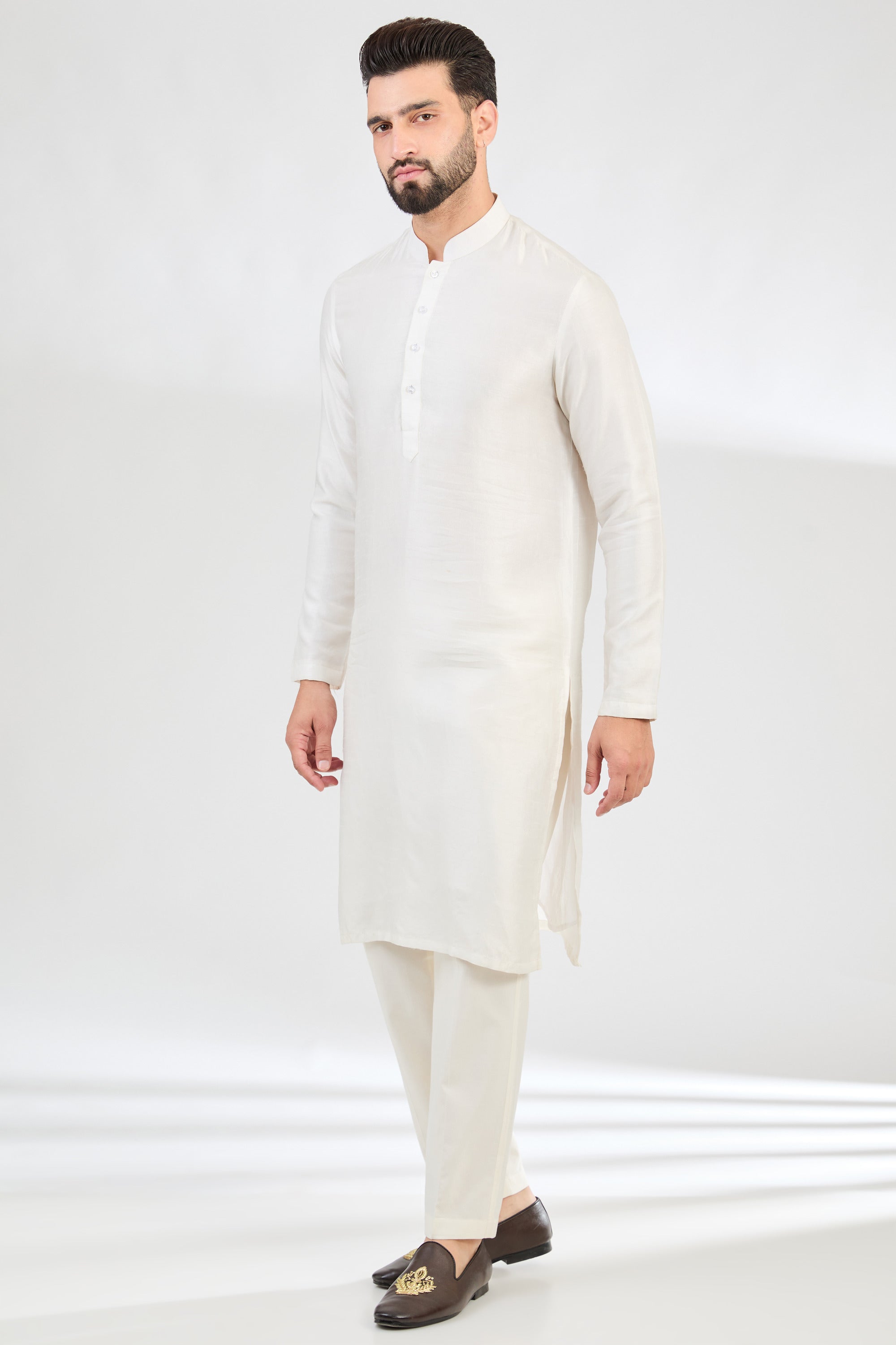 Classic Pearl White Silk Dupion Kurta and Pajama - kasbahmen