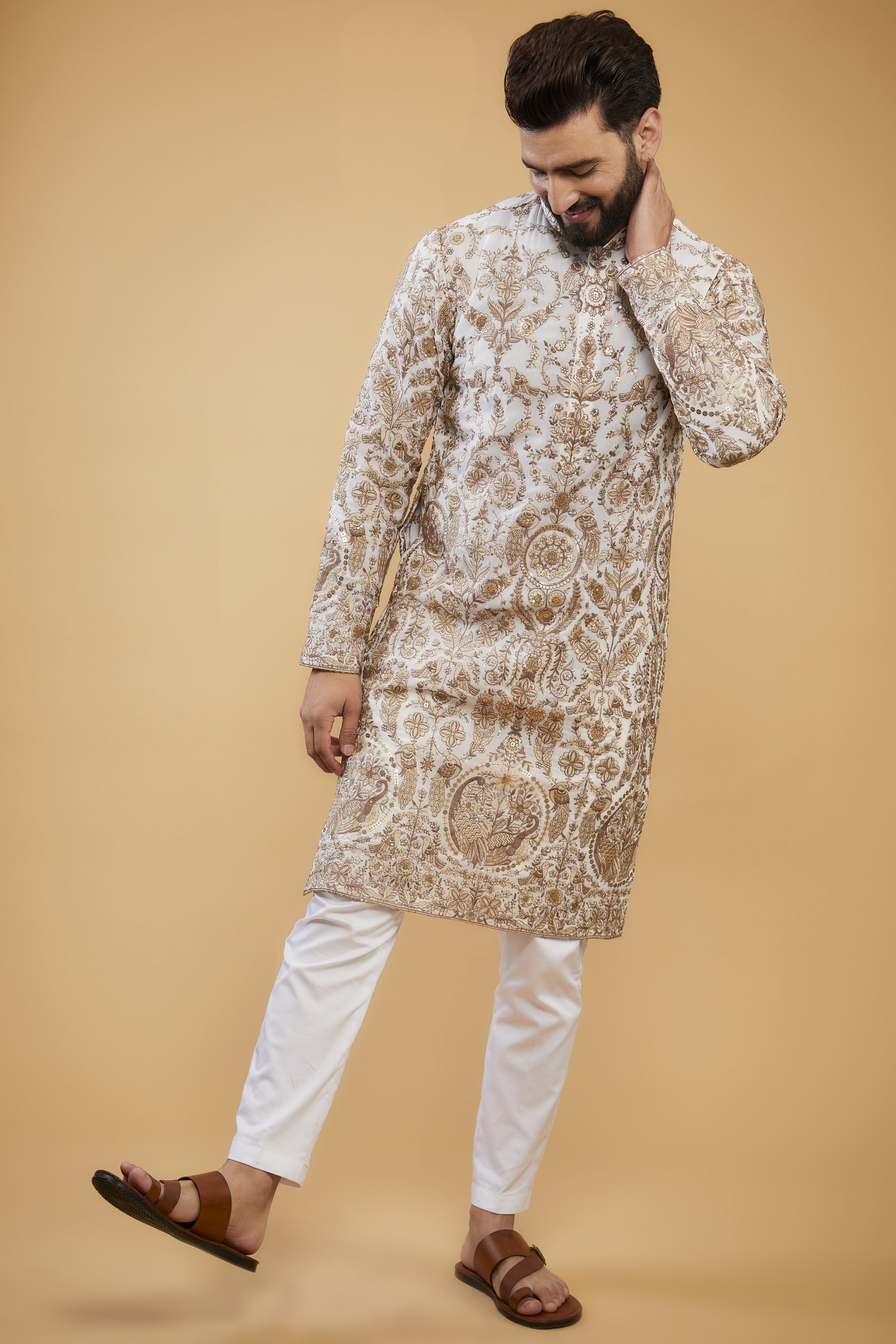 White Flora-Fauna Zari work kurta - kasbahmen