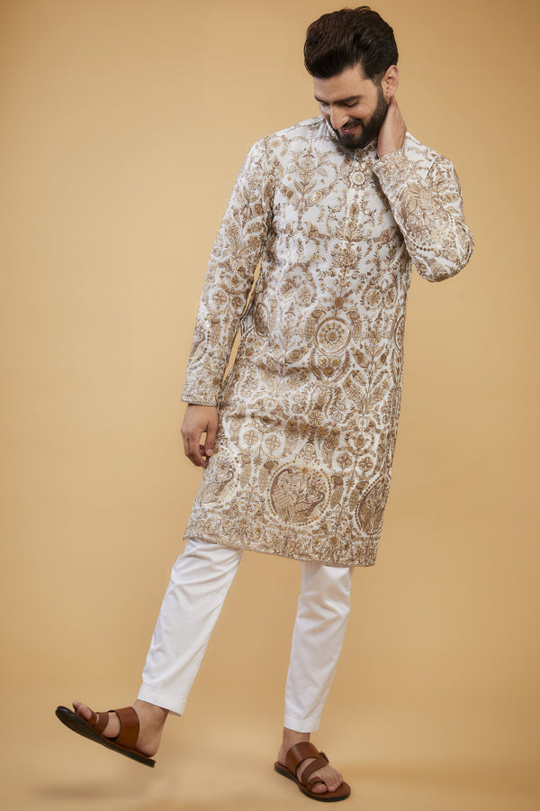 White Flora-Fauna Zari work kurta