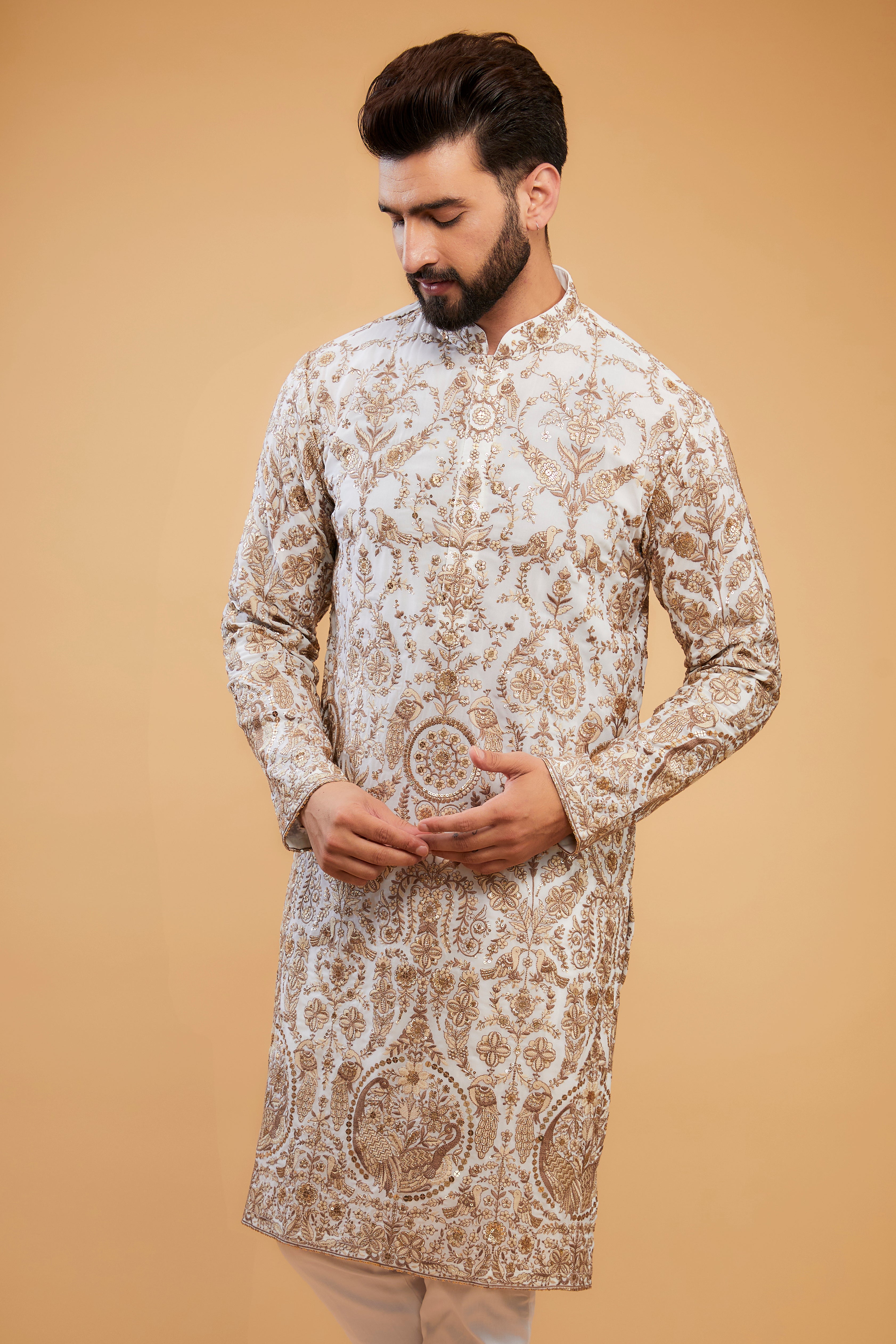 White Flora-Fauna Zari work kurta - kasbahmen