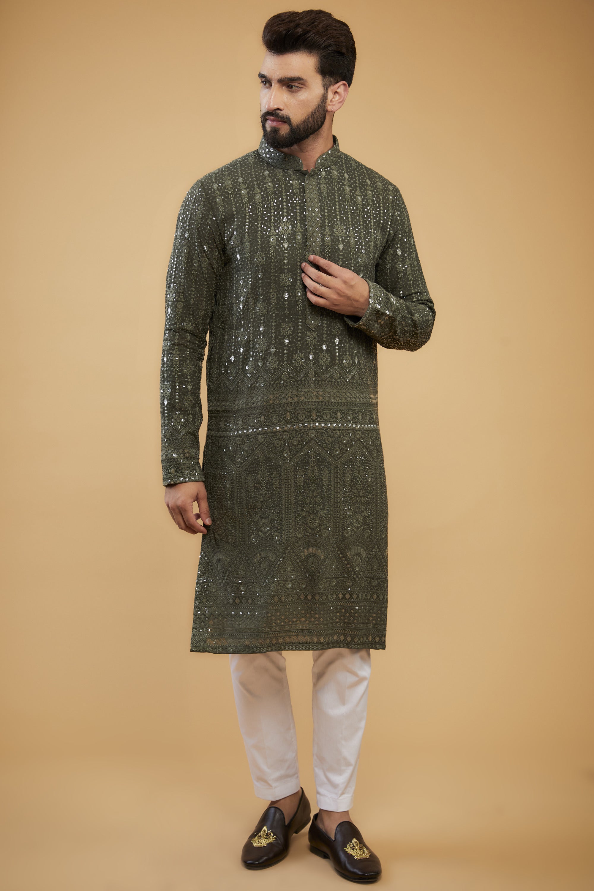 Military green sequined kurta with detailed embroidered border. - kasbahmen