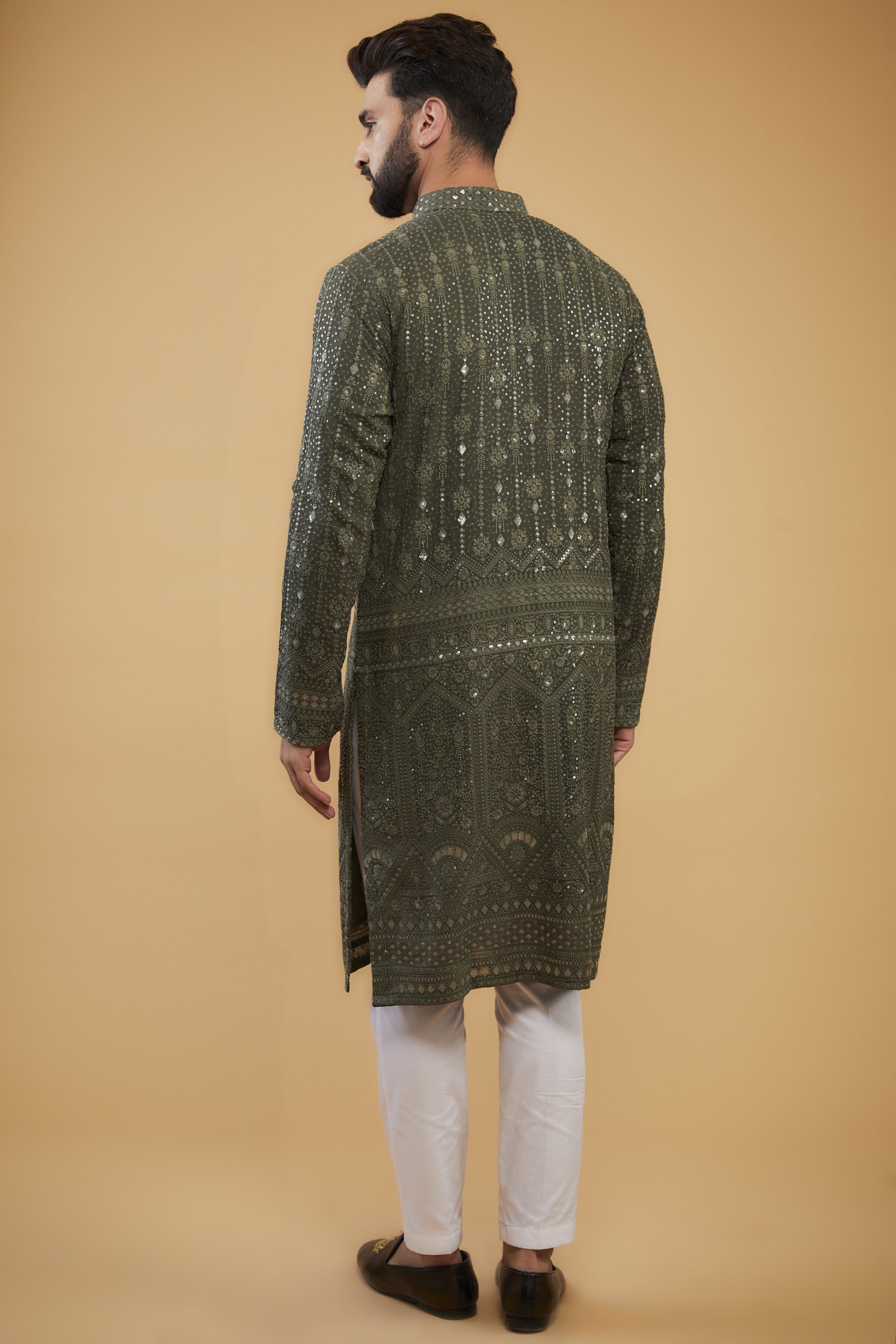 Military green sequined kurta with detailed embroidered border. - kasbahmen