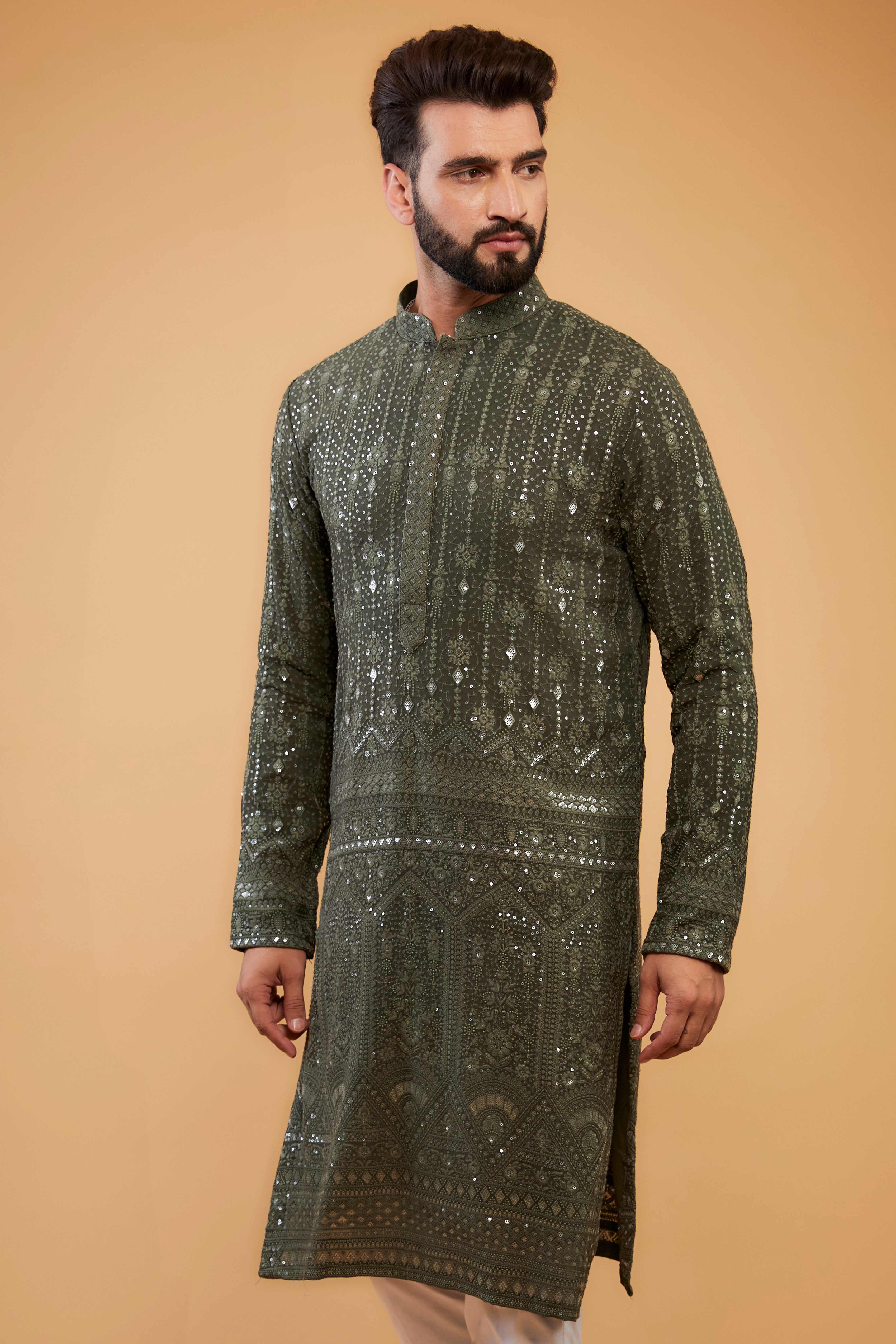 Military green sequined kurta with detailed embroidered border. - kasbahmen