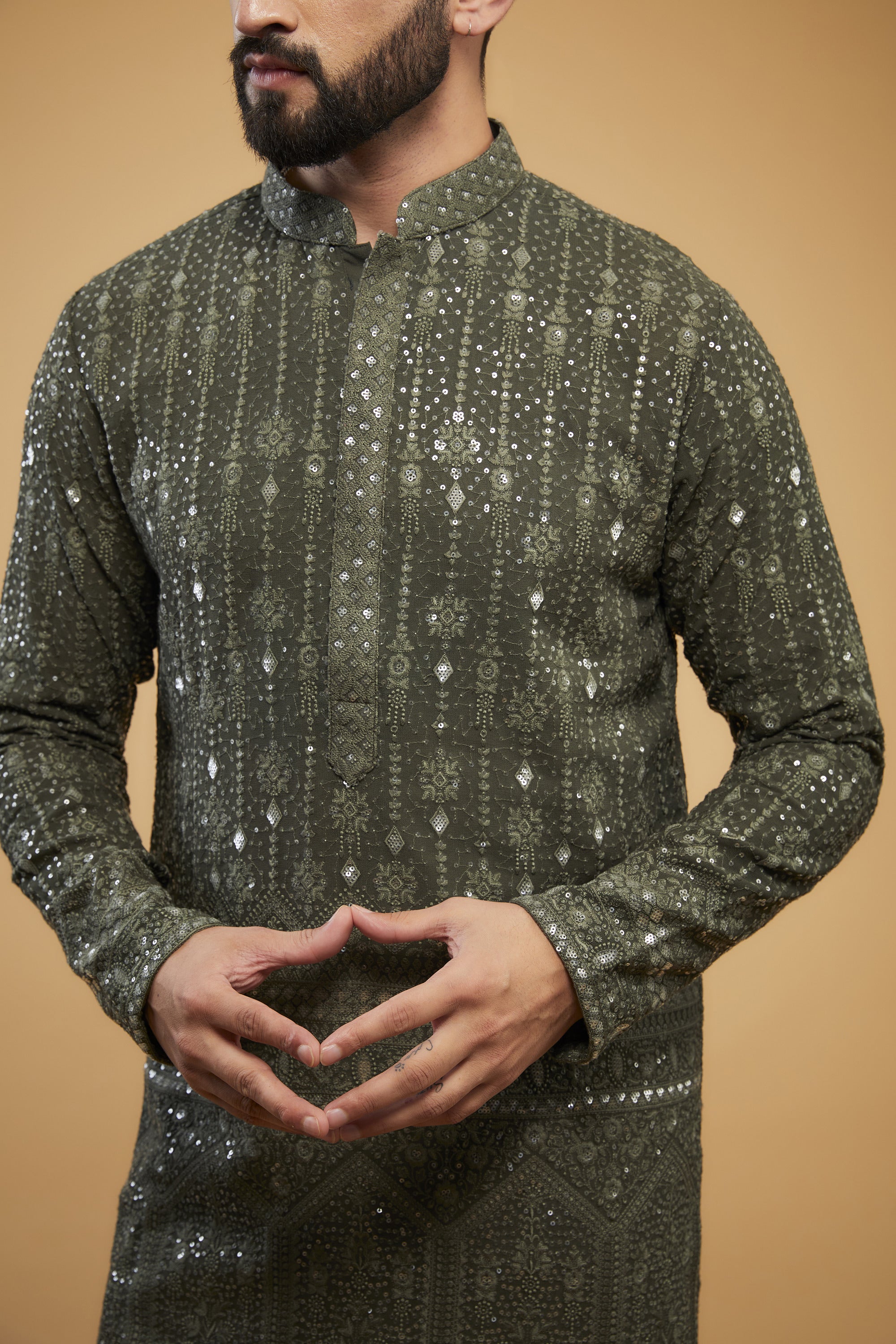 Military green sequined kurta with detailed embroidered border. - kasbahmen