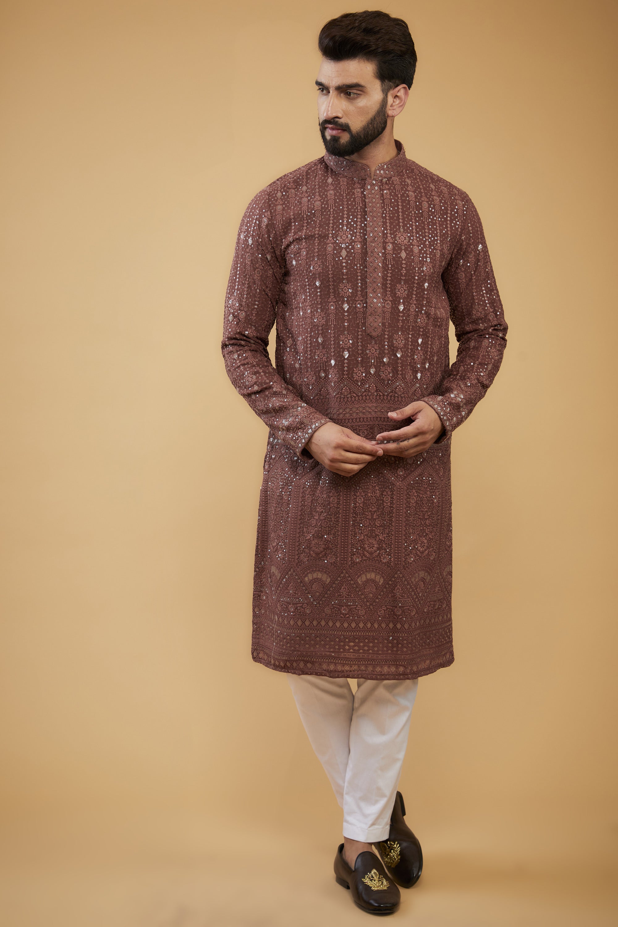 Mauve-taupe/Brown sequined kurta with detailed embroidered border. - kasbahmen