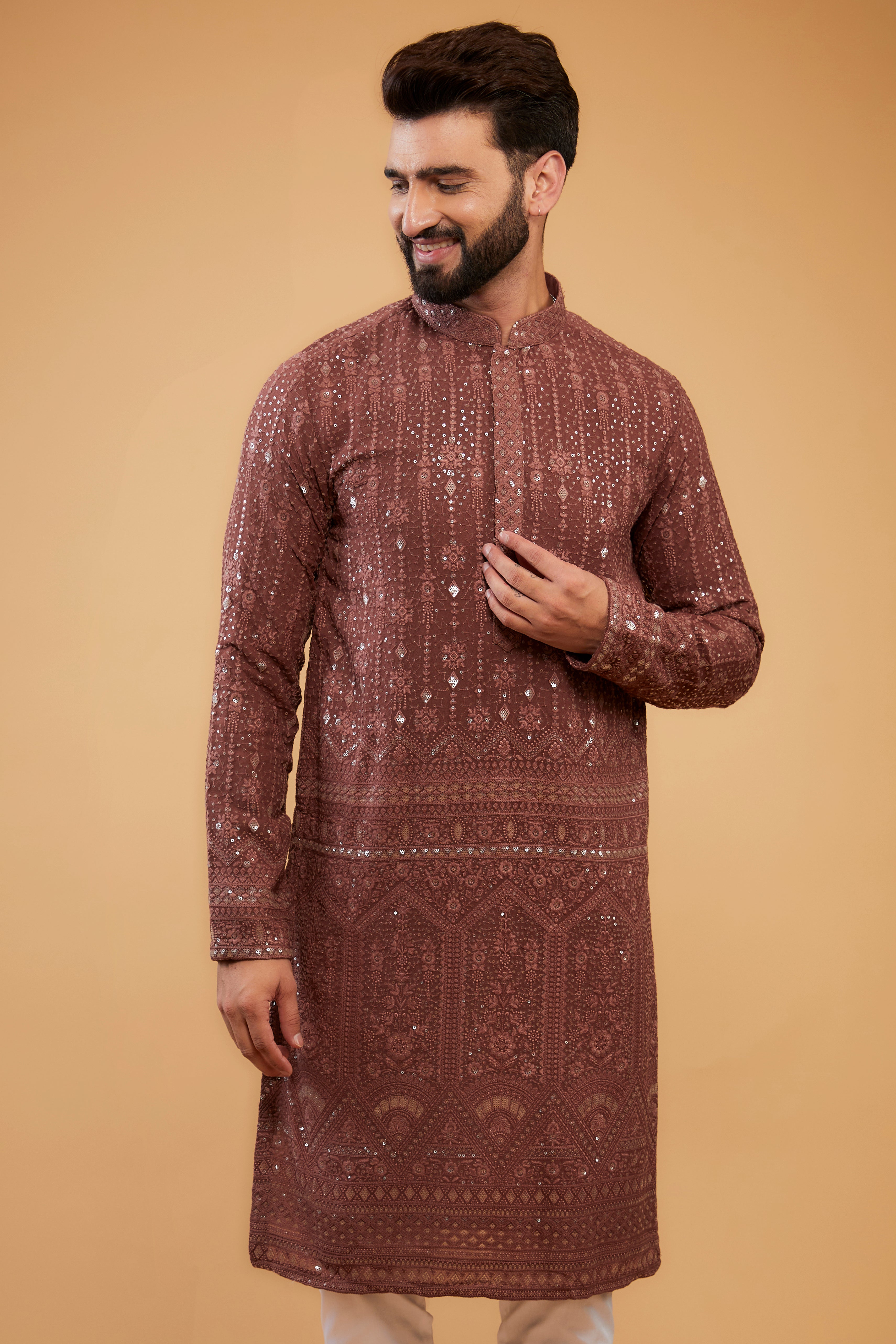 Mauve-taupe/Brown sequined kurta with detailed embroidered border. - kasbahmen