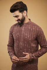 Mauve-taupe/Brown sequined kurta with detailed embroidered border. - kasbahmen