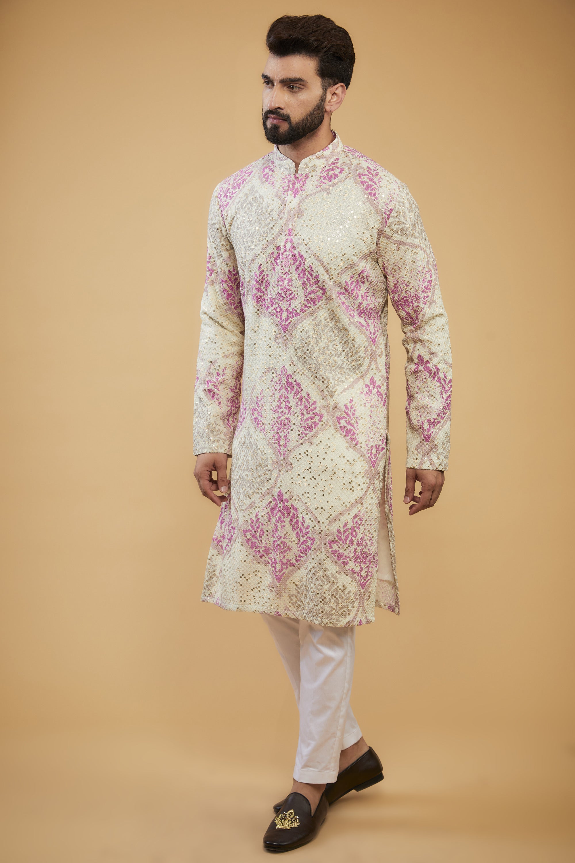 Cream and pink chikankari kurta embellished with intricate thread and sequin embroidery on print - kasbahmen