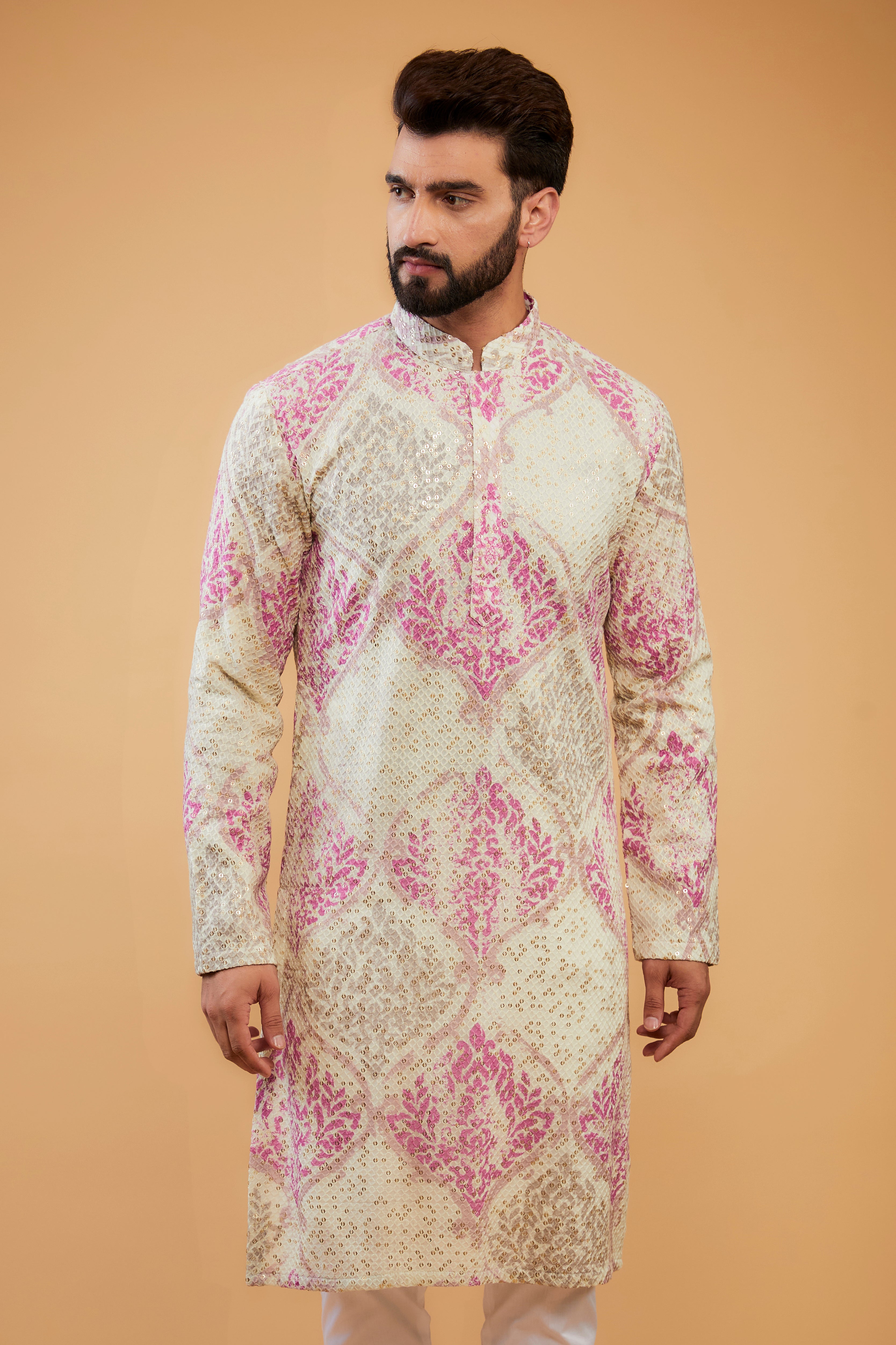 Cream and pink chikankari kurta embellished with intricate thread and sequin embroidery on print - kasbahmen