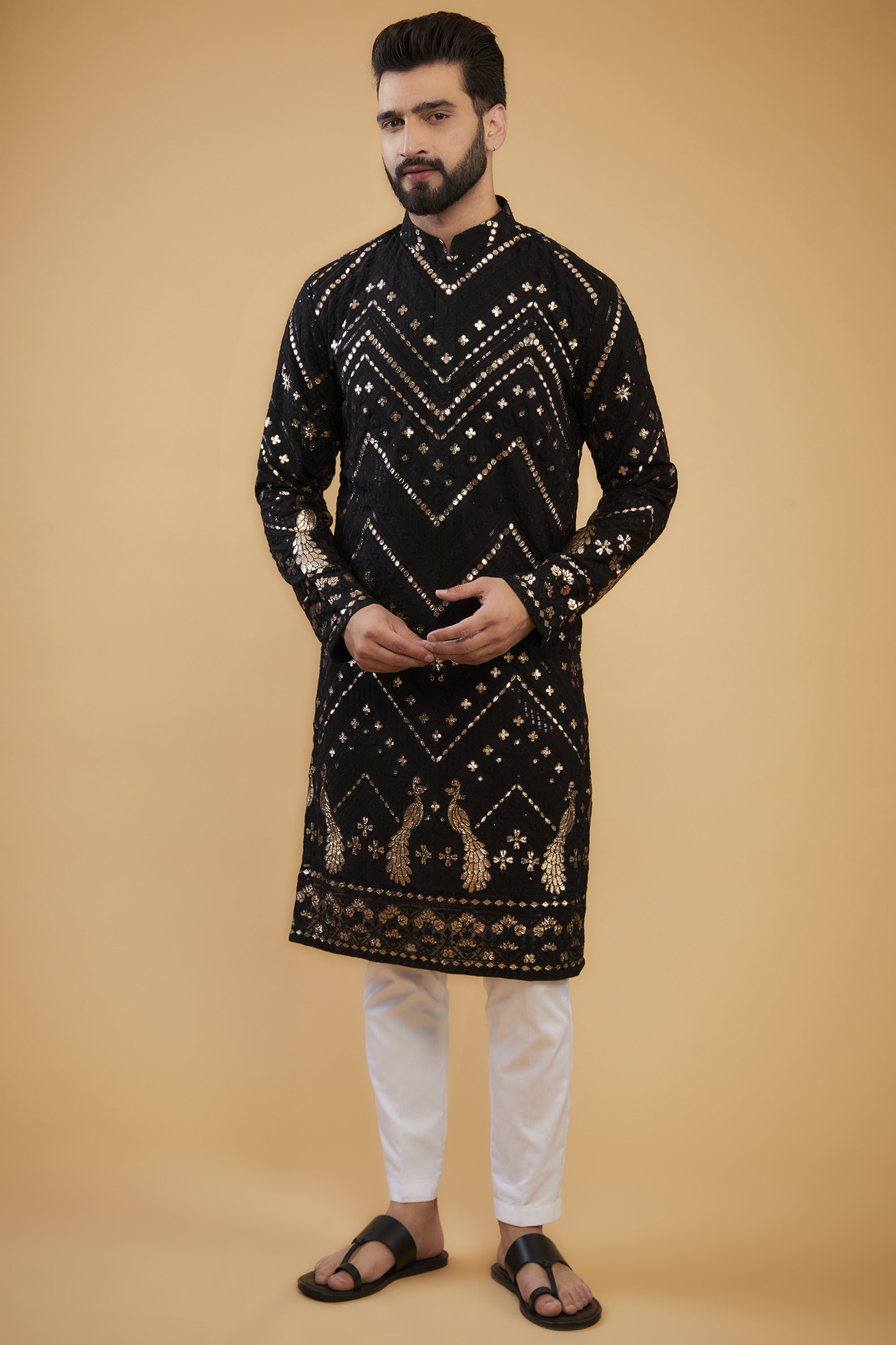 Black flora-fauna threadwork kurta with detailed leather patch-work. - kasbahmen