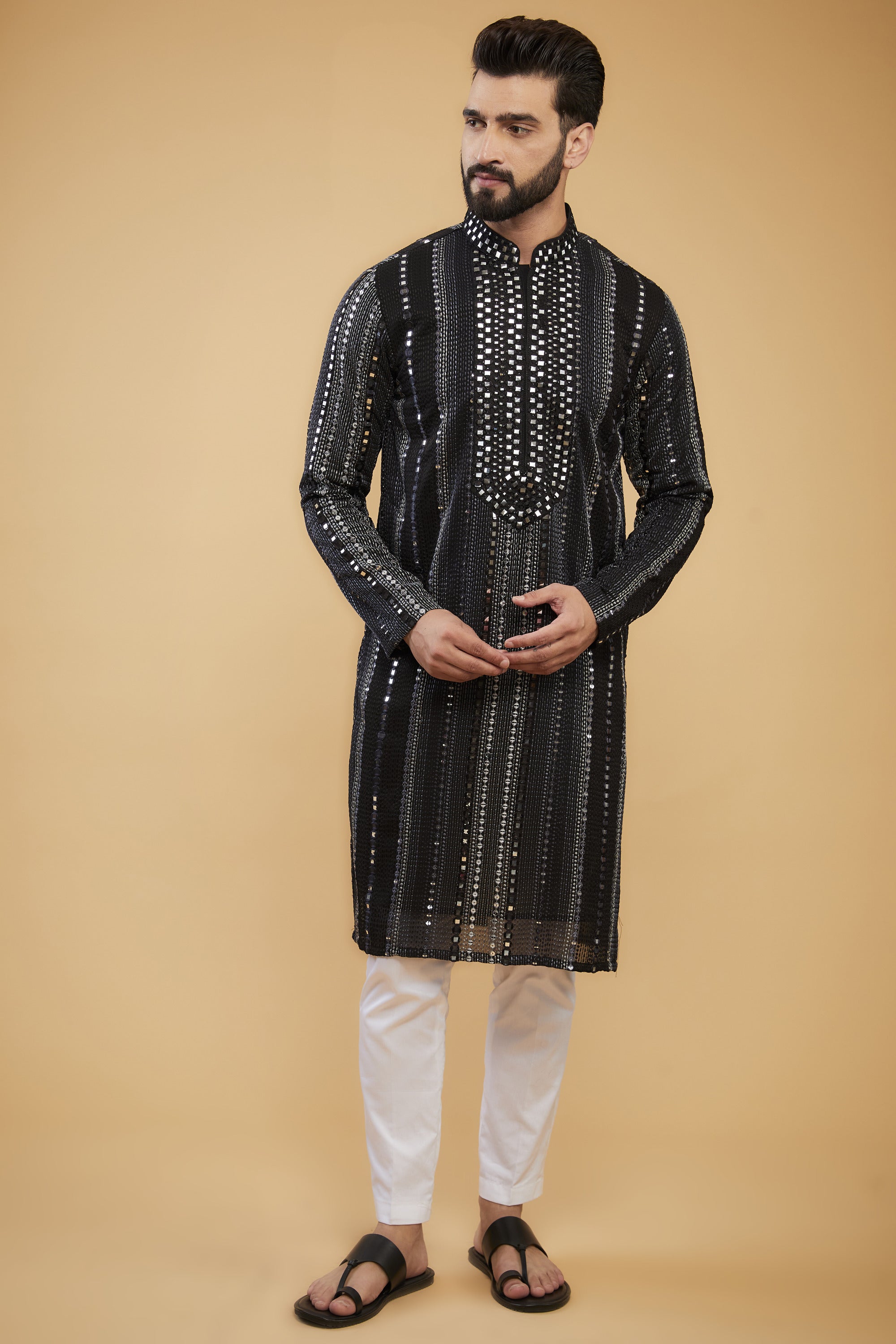 Black Mirror-work kurta with hand embroidered neckline - kasbahmen