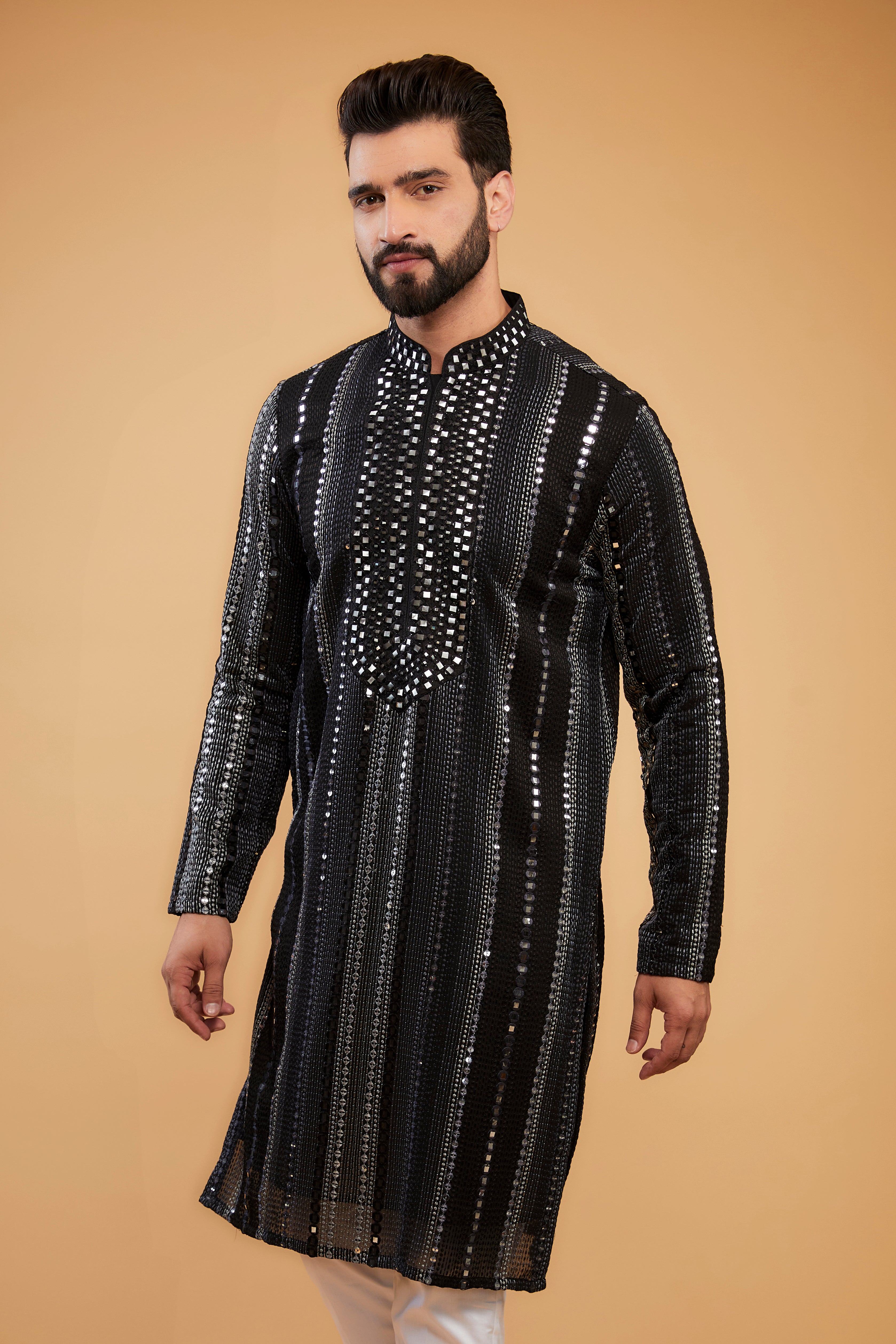 Black Mirror-work kurta with hand embroidered neckline - kasbahmen