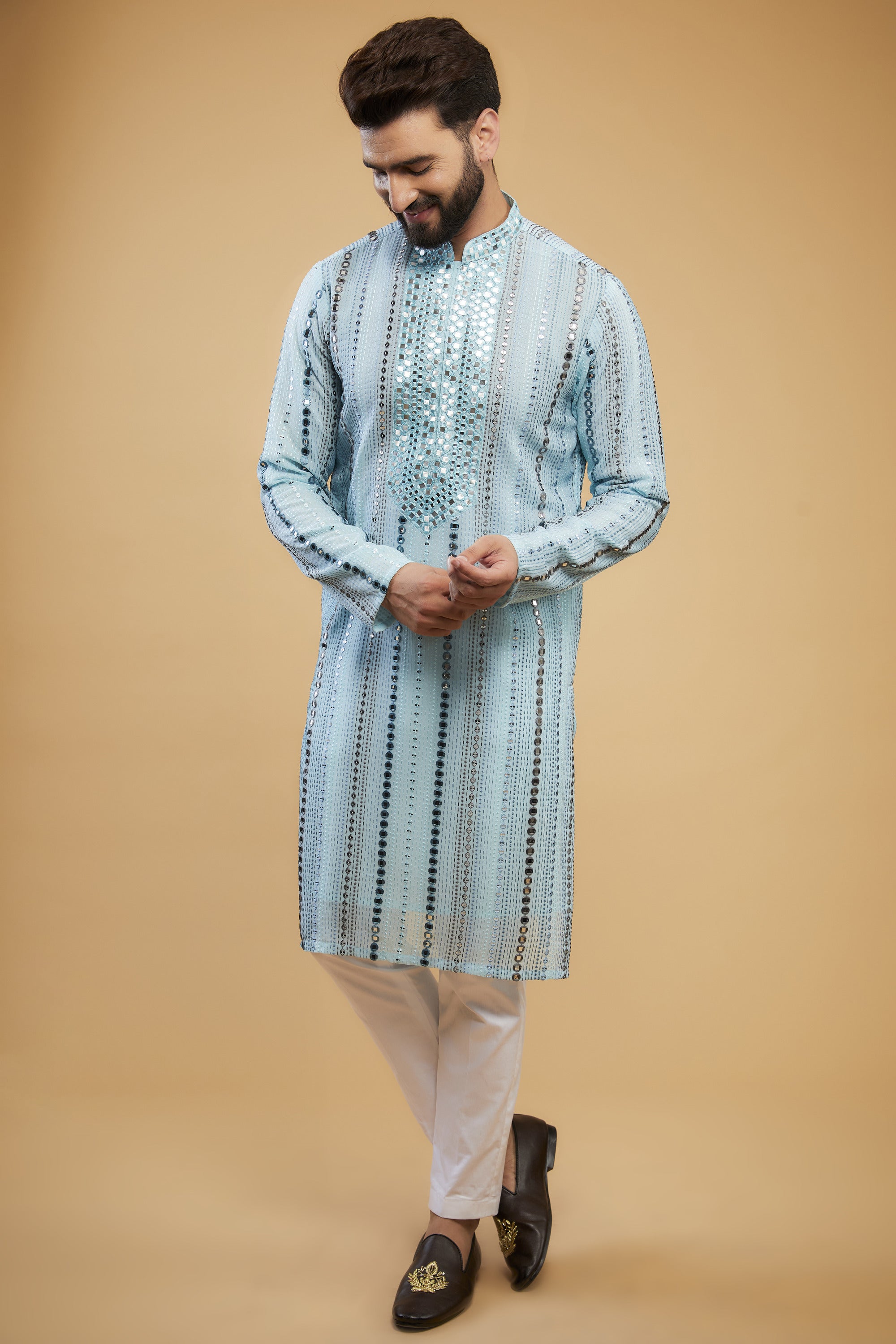 Powder Blue Mirror-work kurta with hand embroidered neckline - kasbahmen