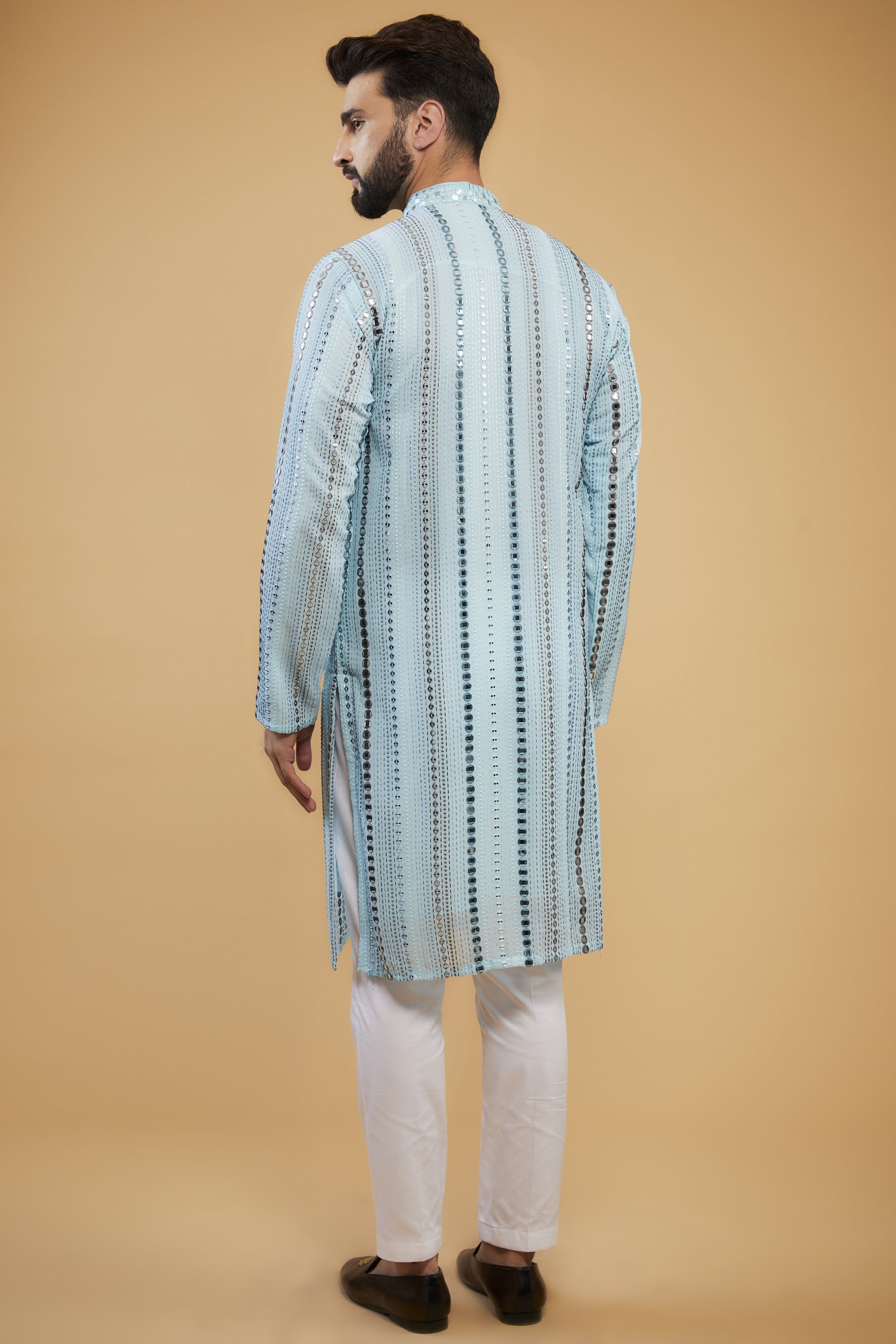 Powder Blue Mirror-work kurta with hand embroidered neckline - kasbahmen