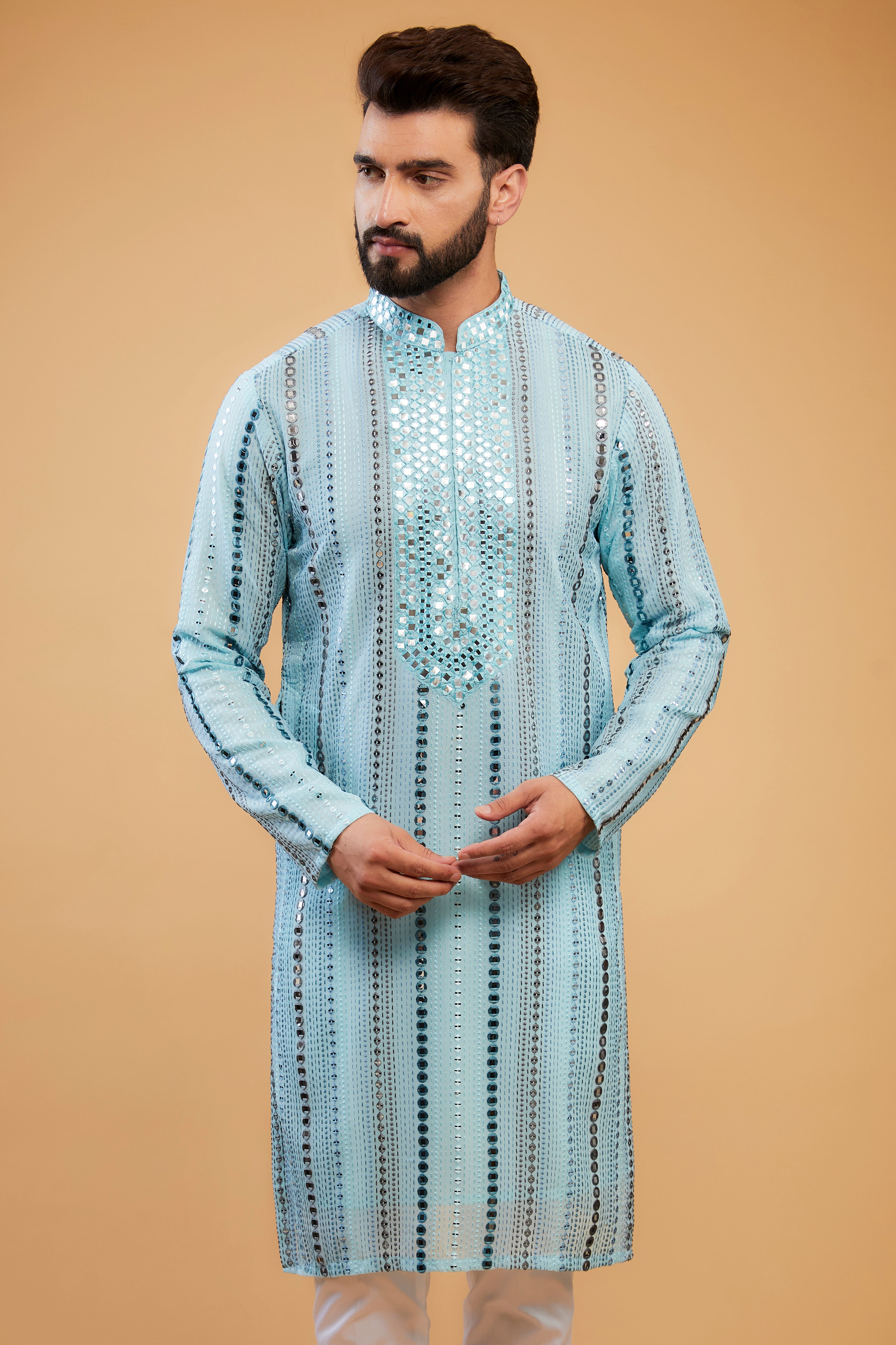 Powder Blue Mirror-work kurta with hand embroidered neckline - kasbahmen