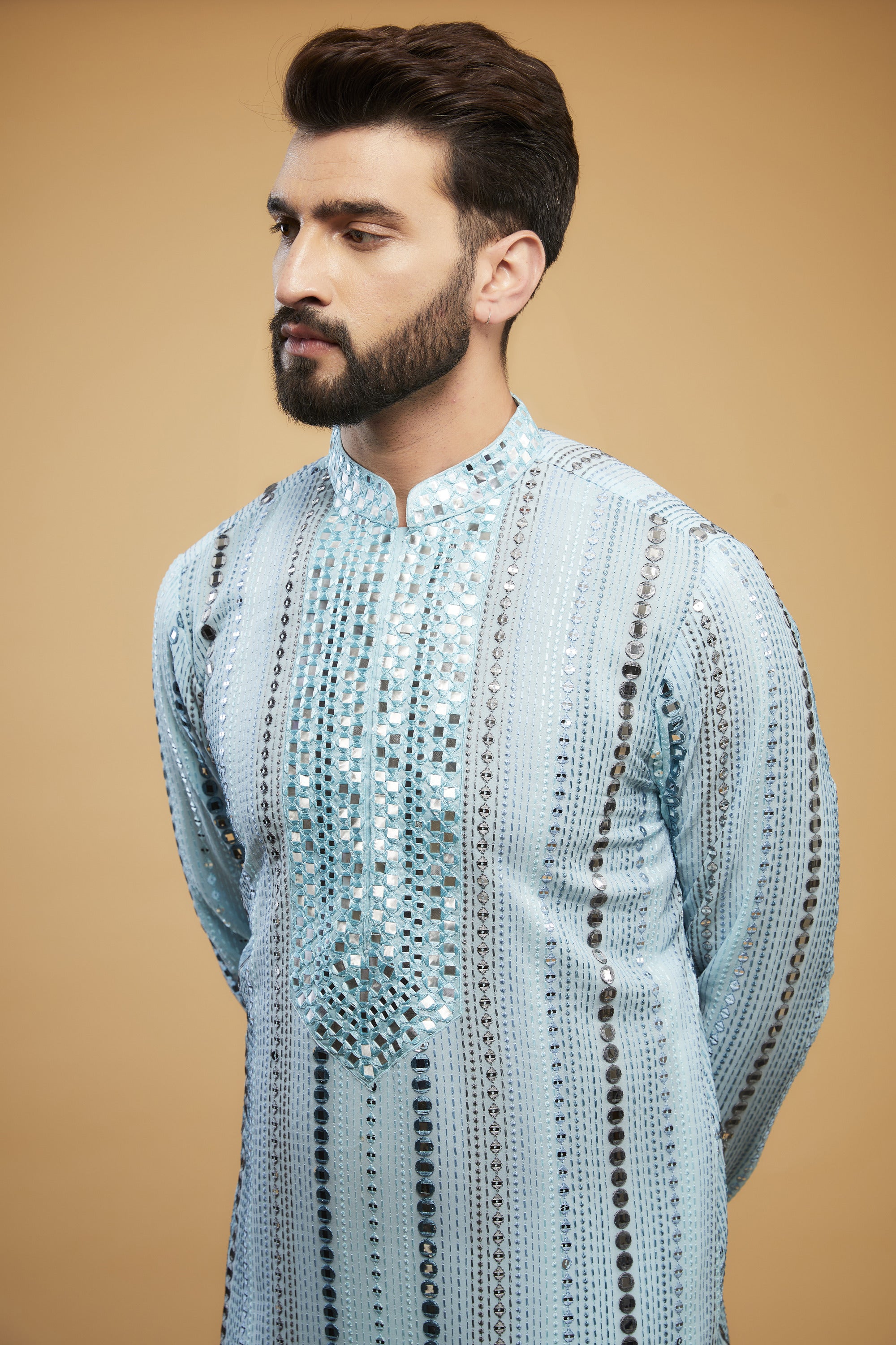 Powder Blue Mirror-work kurta with hand embroidered neckline - kasbahmen