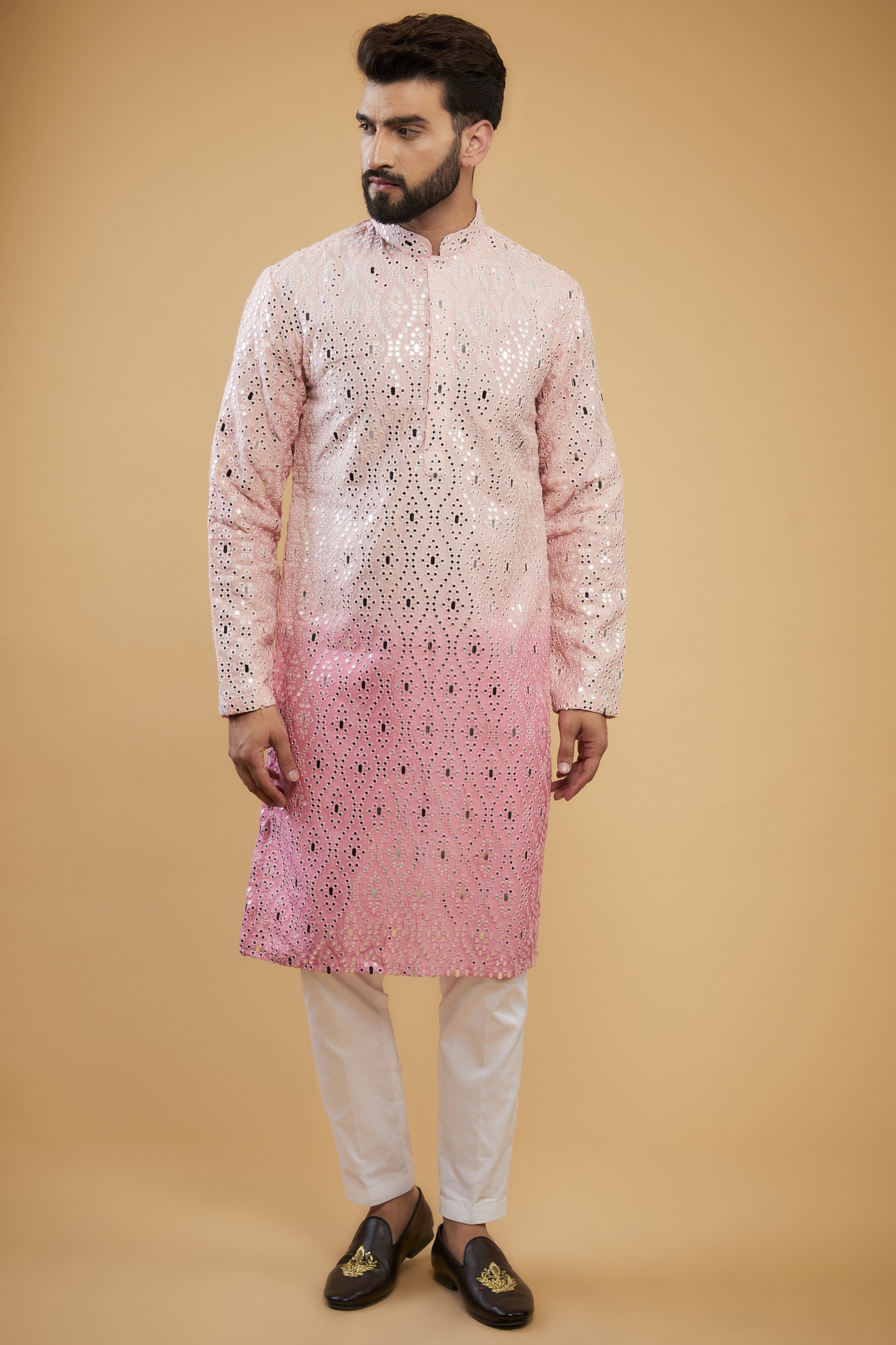 Pink ombre shaded mirror-work kurta with intricate thread-work - kasbahmen