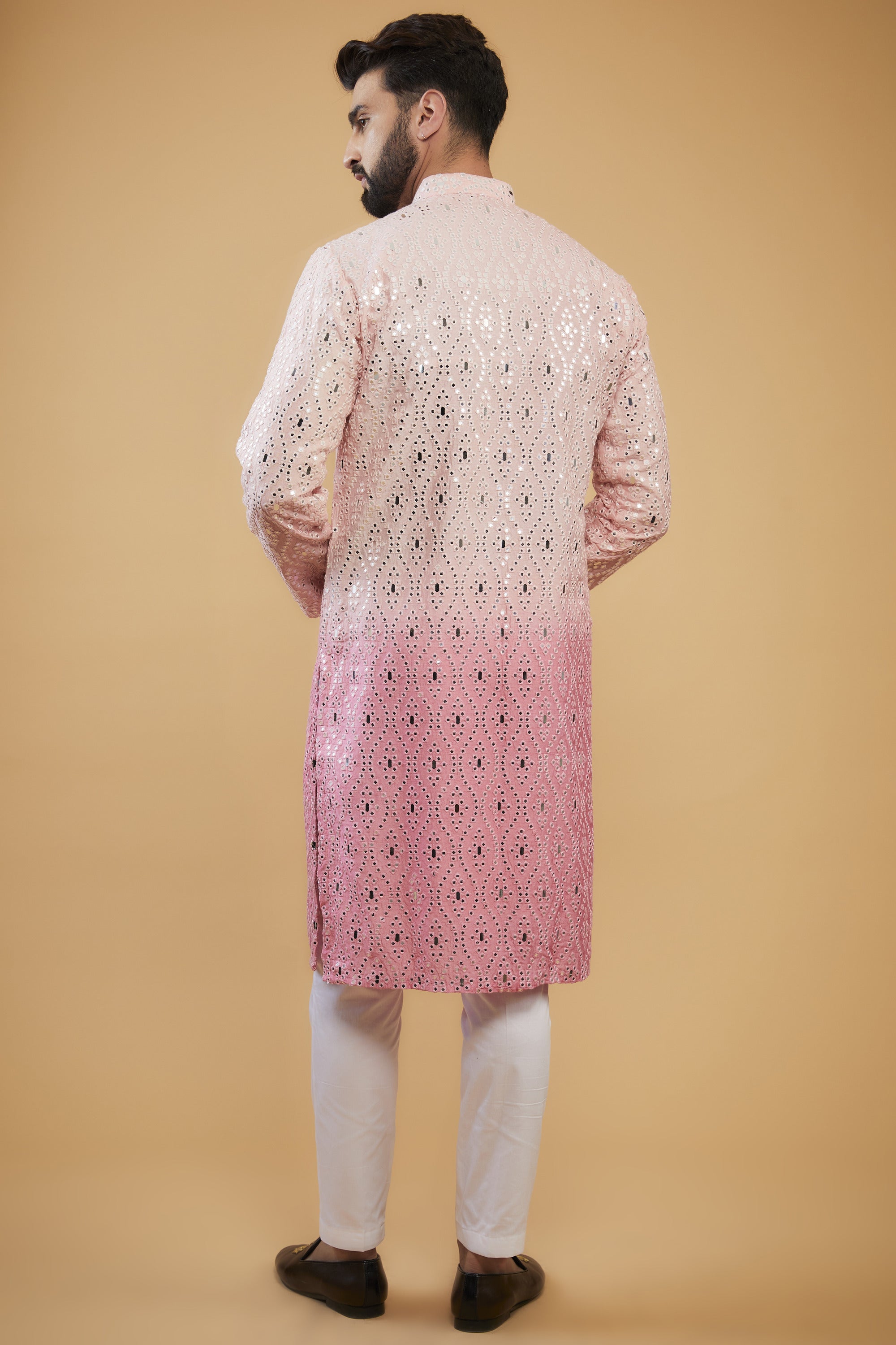 Pink ombre shaded mirror-work kurta with intricate thread-work - kasbahmen