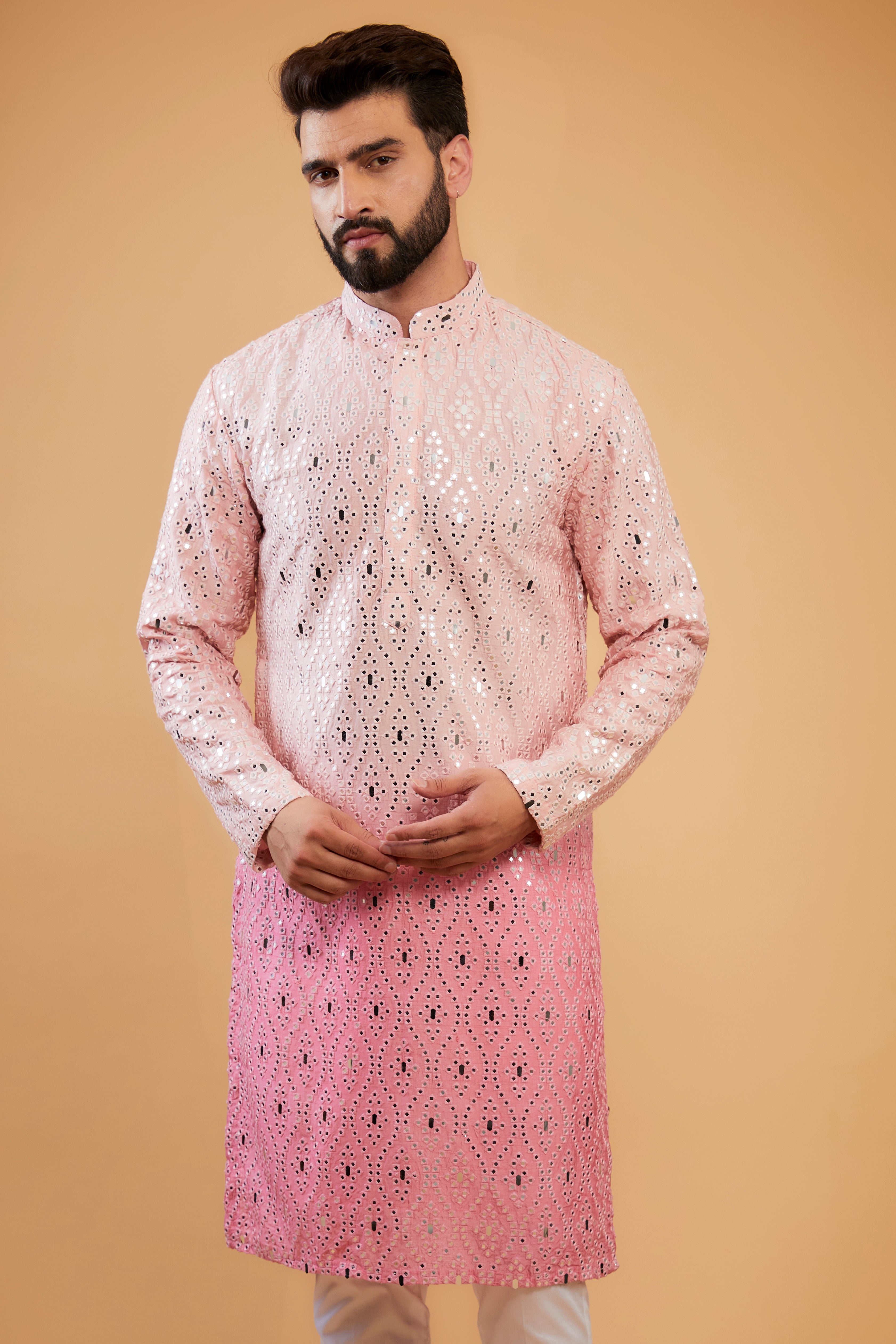 Pink ombre shaded mirror-work kurta with intricate thread-work - kasbahmen