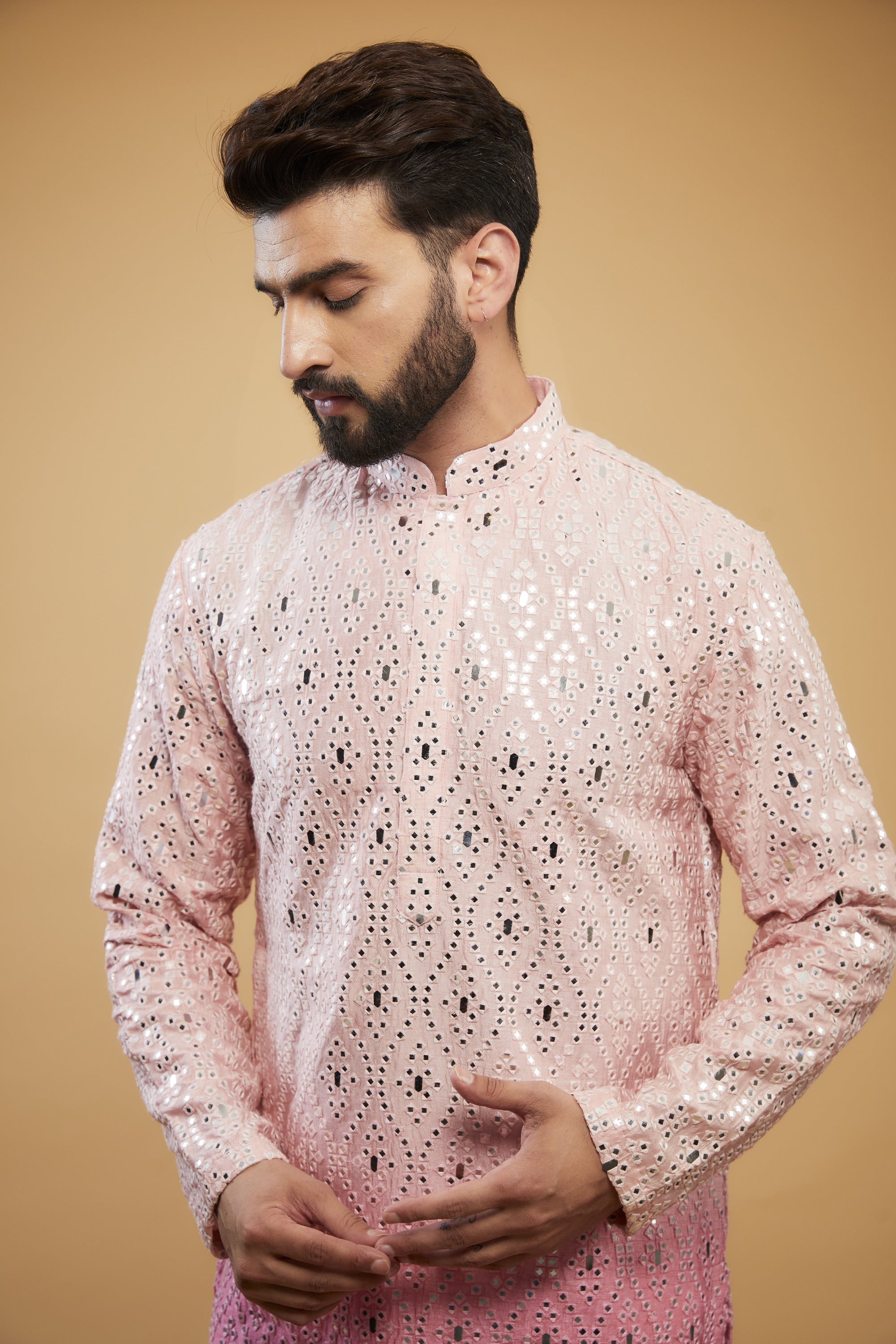 Pink ombre shaded mirror-work kurta with intricate thread-work - kasbahmen