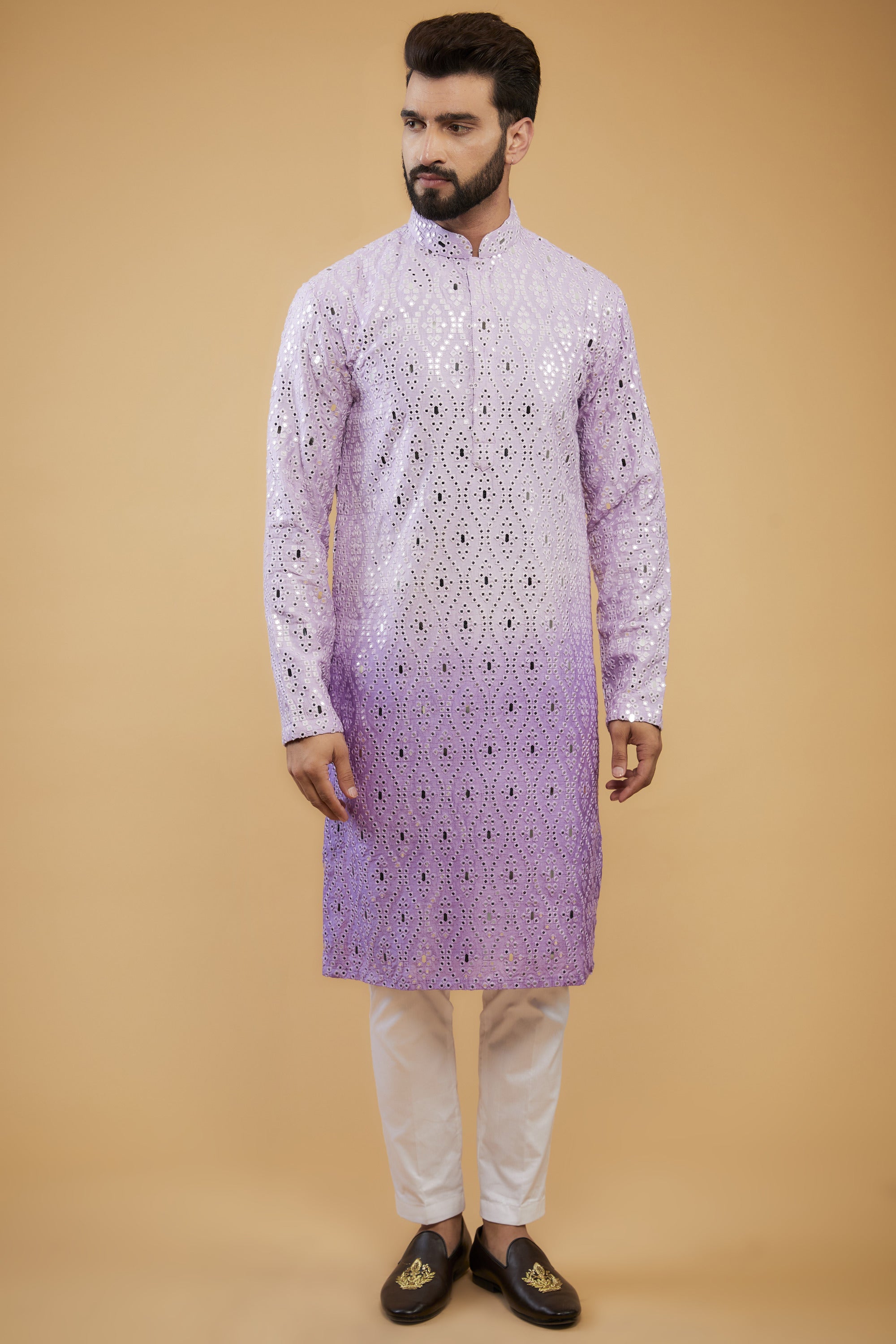 Lavender ombre shaded mirror-work kurta with intricate thread-work - kasbahmen