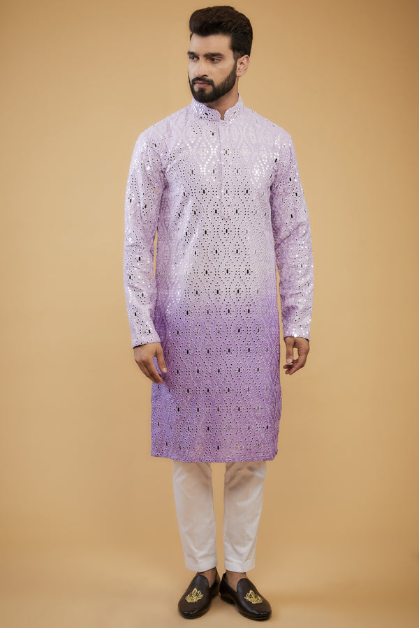 Lavender ombre shaded mirror-work kurta with intricate thread-work