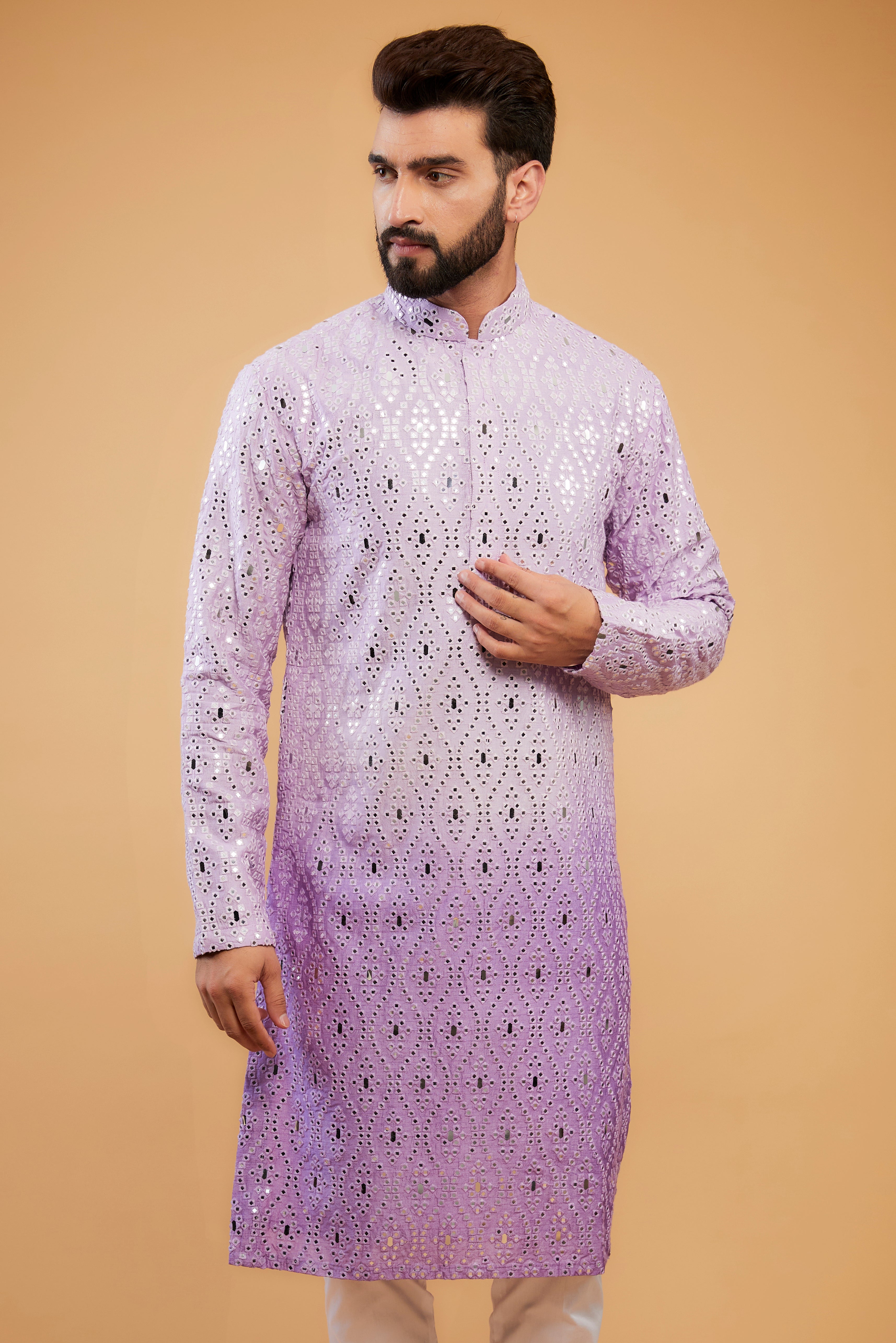 Lavender ombre shaded mirror-work kurta with intricate thread-work - kasbahmen