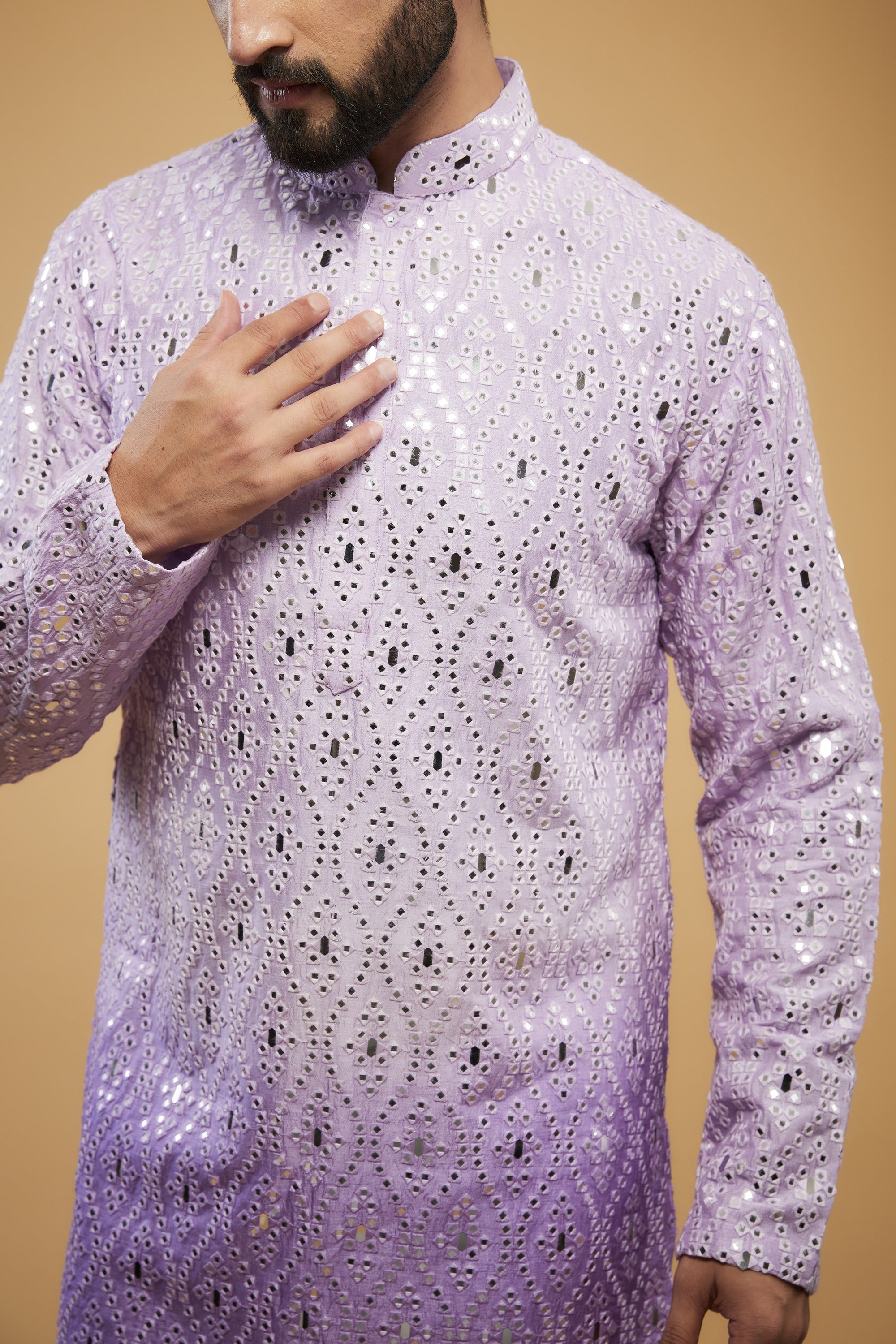 Lavender ombre shaded mirror-work kurta with intricate thread-work - kasbahmen