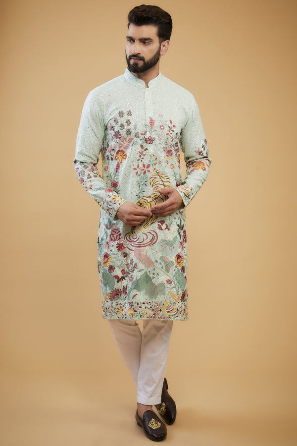 Mint Green Flora-fauna embroidered kurta with intricate multi-threadwork and tone-to-tone sequins.