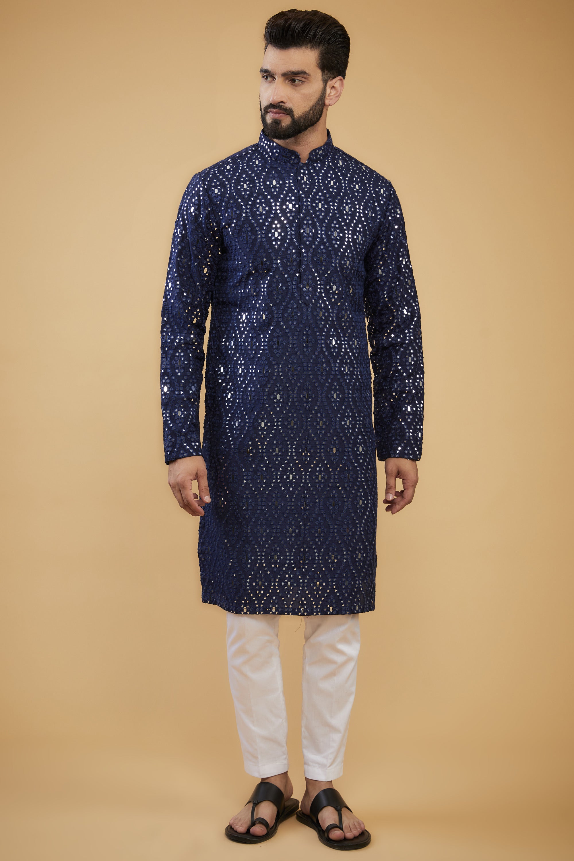 Regal Midnight Blue Mirror-work kurta - kasbahmen