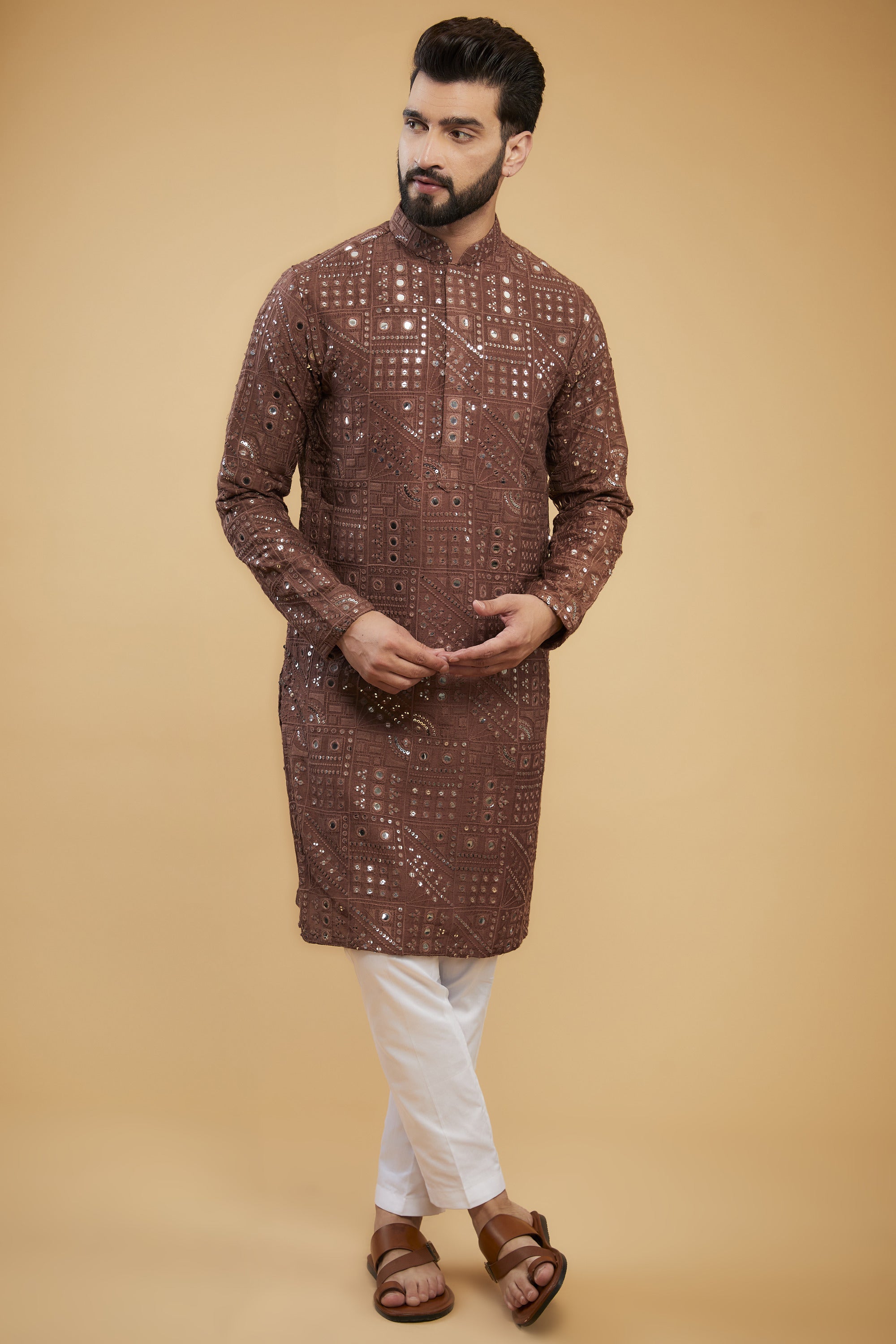 Classic mauve-taupe mirror-work kurta - kasbahmen