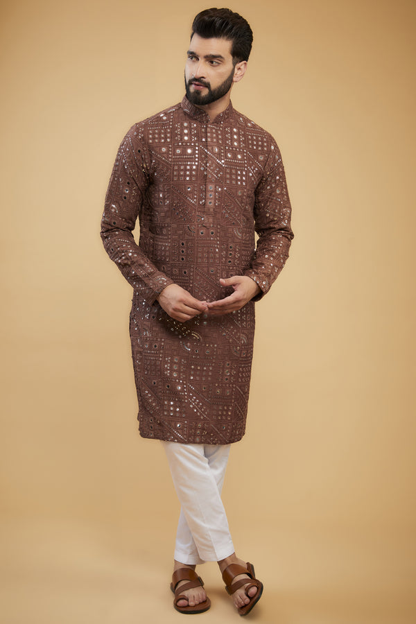 Classic mauve-taupe mirror-work kurta