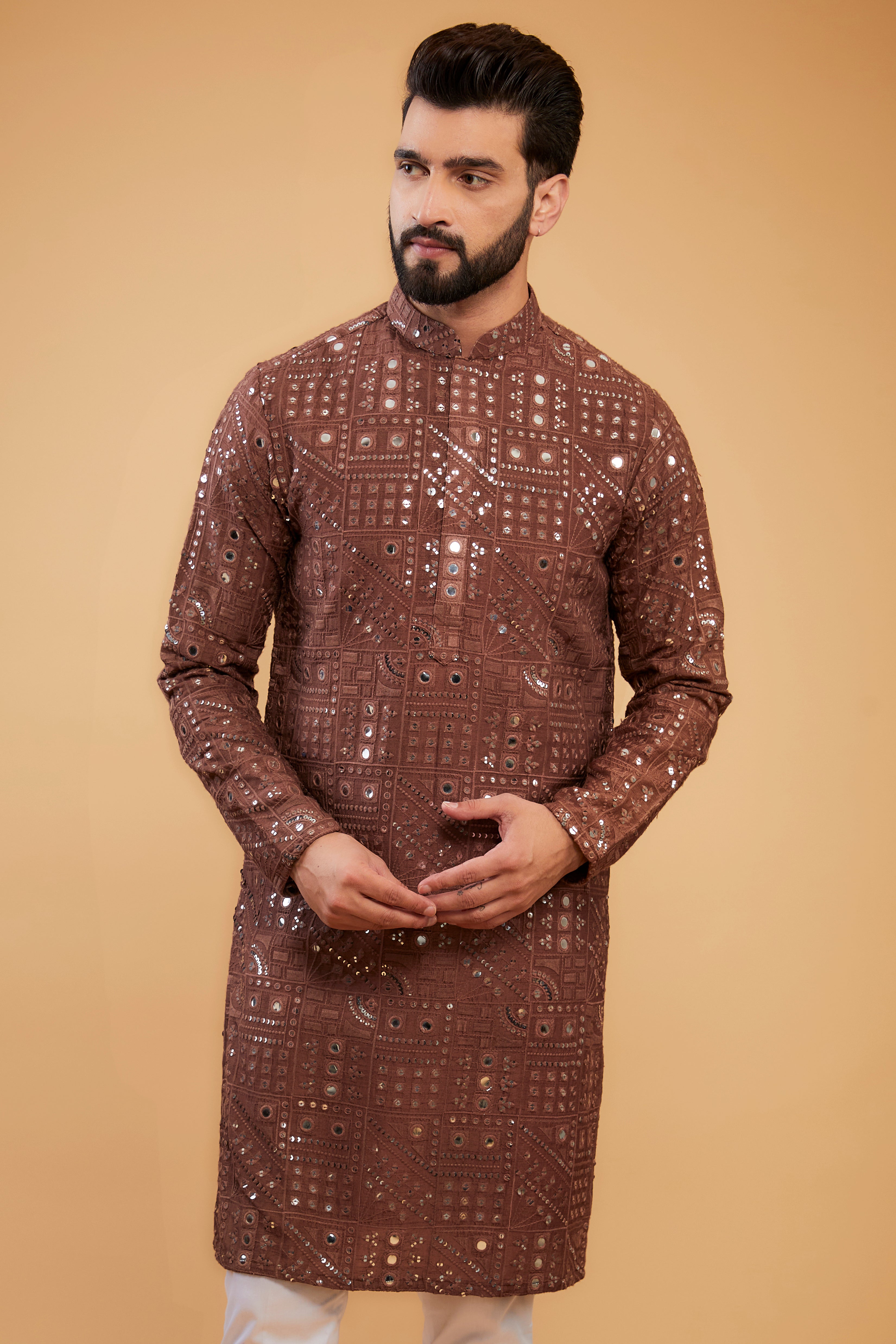 Classic mauve-taupe mirror-work kurta - kasbahmen