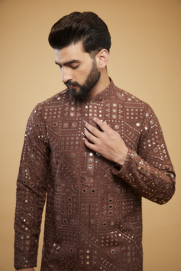 Classic mauve-taupe mirror-work kurta