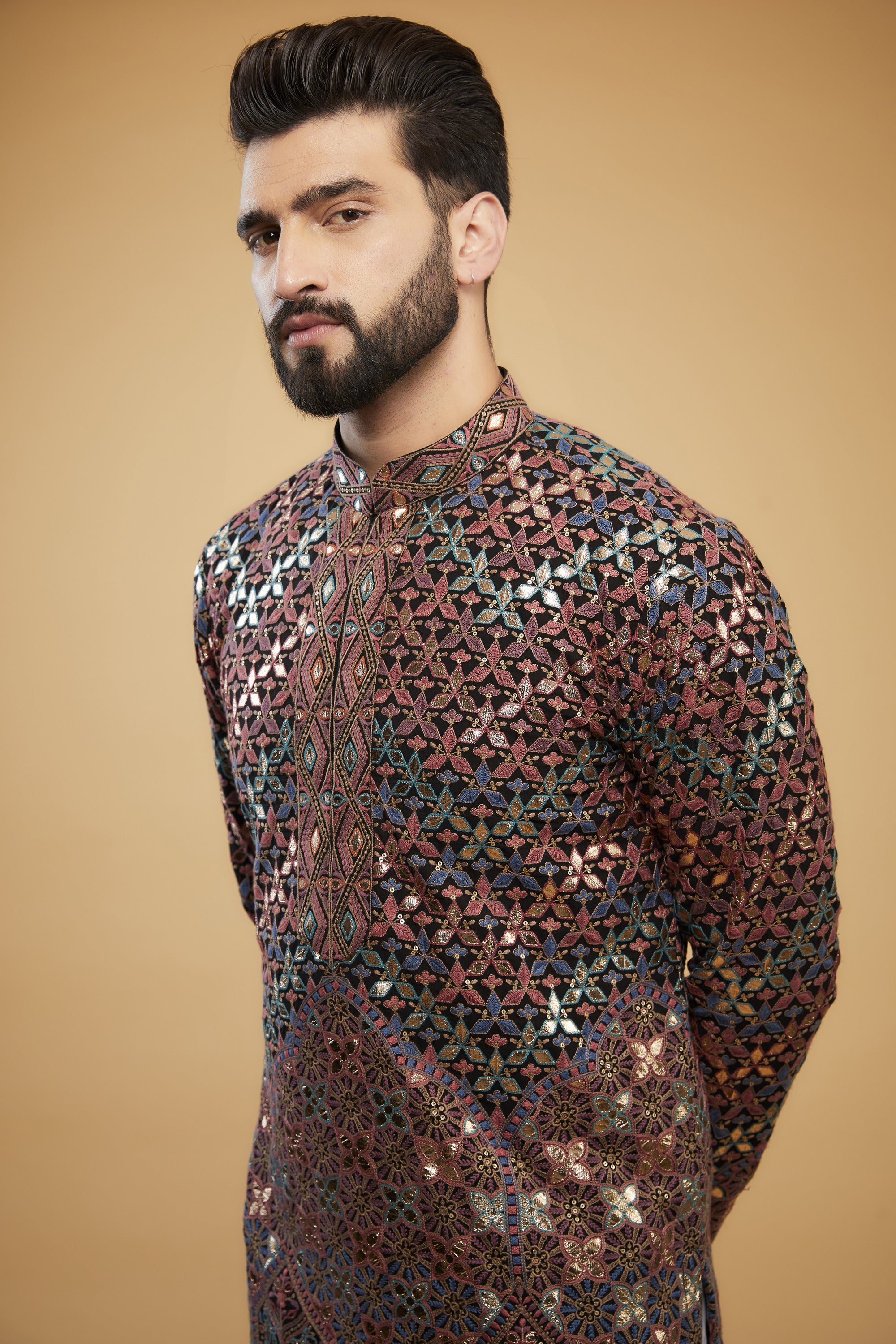 Black Chikankari kurta with intricate multi-thread work, detailed neckline and gold leather patch-work. - kasbahmen