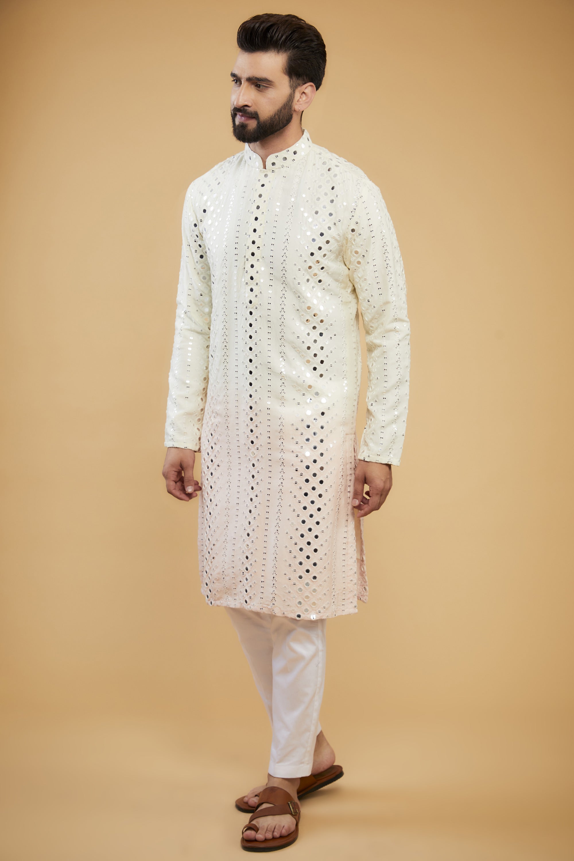 Cream to baby pink ombre shaded mirror-work kurta - kasbahmen