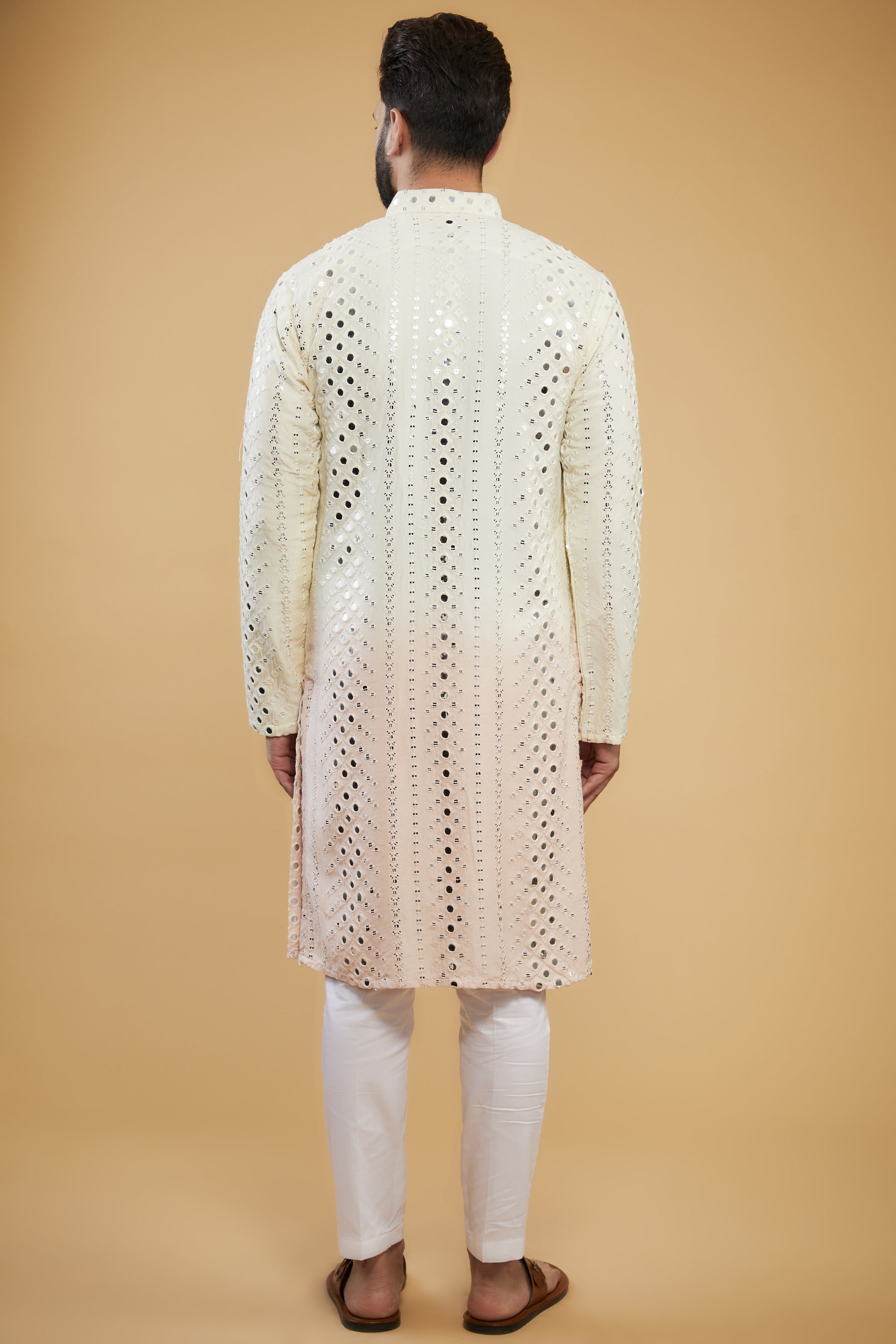 Cream to baby pink ombre shaded mirror-work kurta - kasbahmen