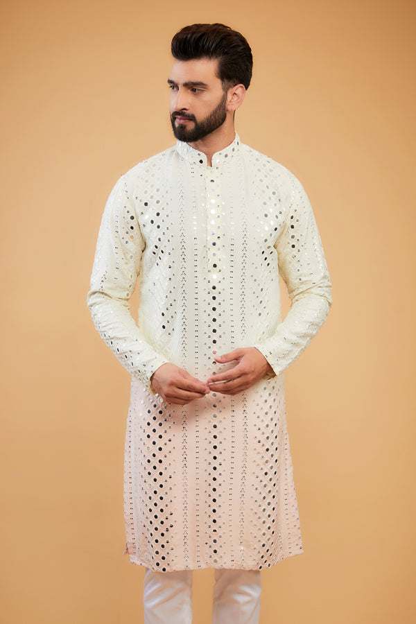 Cream to baby pink ombre shaded mirror-work kurta