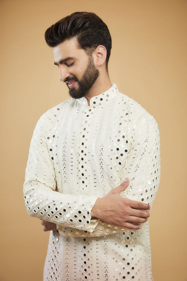 Cream to baby pink ombre shaded mirror-work kurta