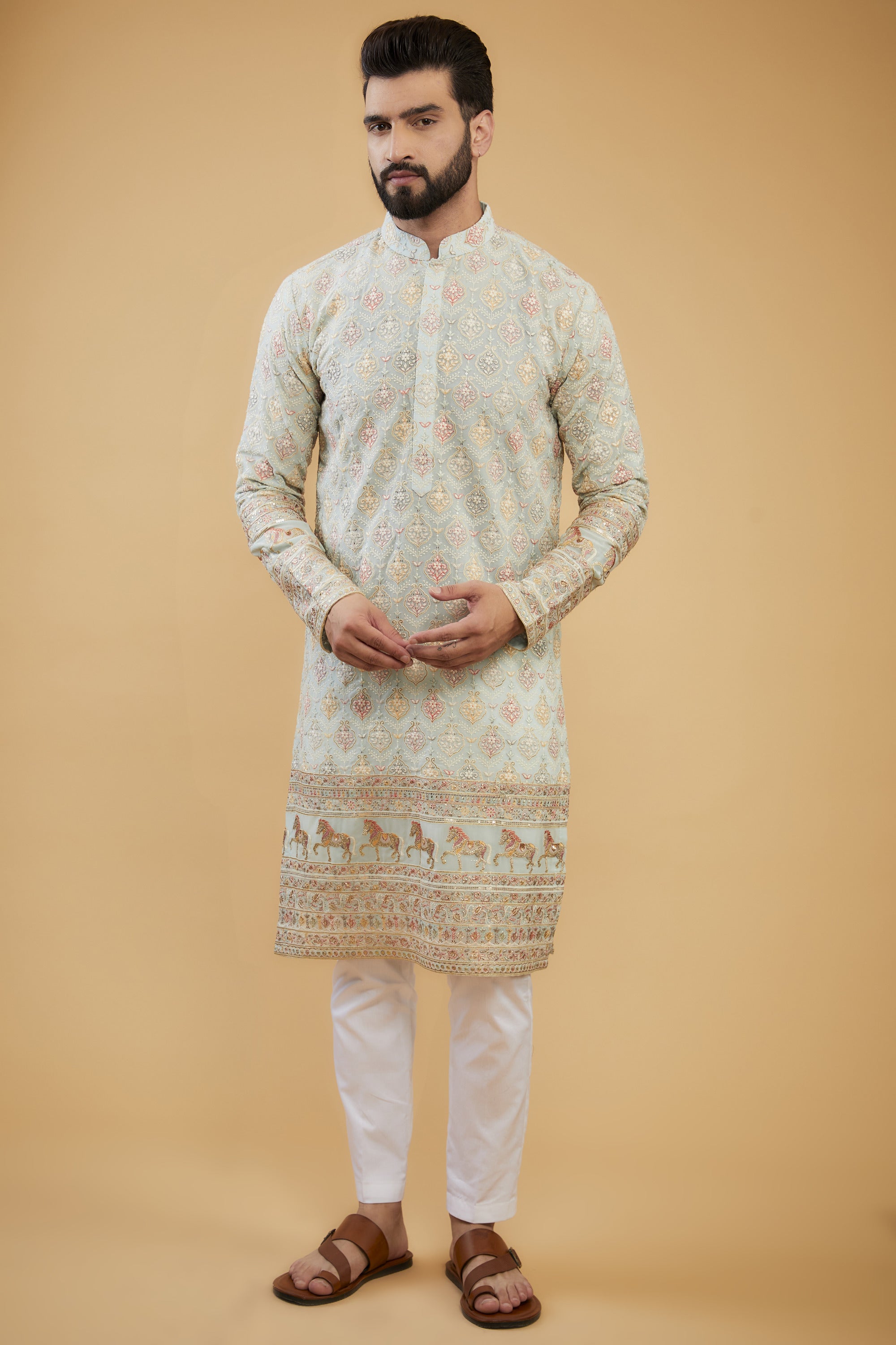 Powder Blue chikankari kurta with heavy embroidered ghera and intricate motifs. - kasbahmen