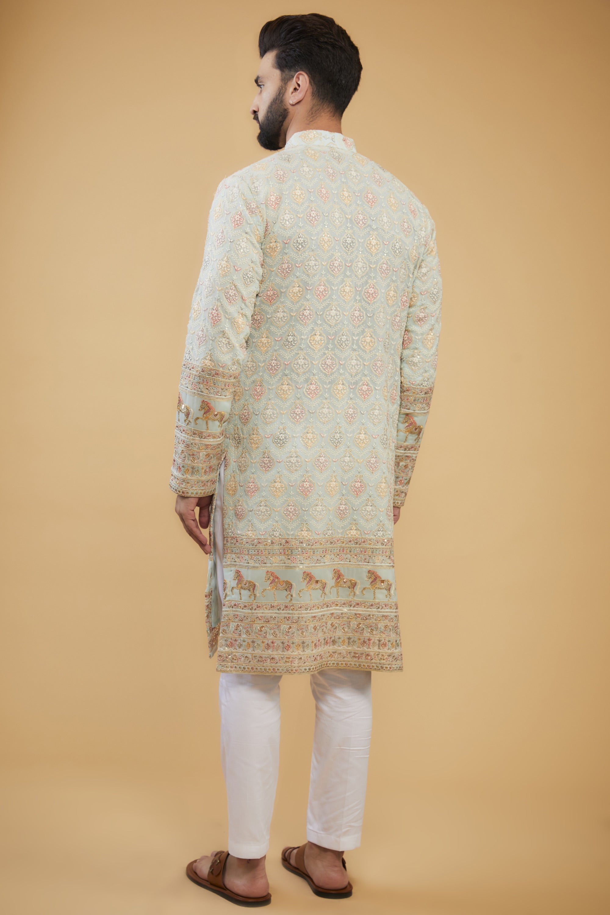 Powder Blue chikankari kurta with heavy embroidered ghera and intricate motifs. - kasbahmen