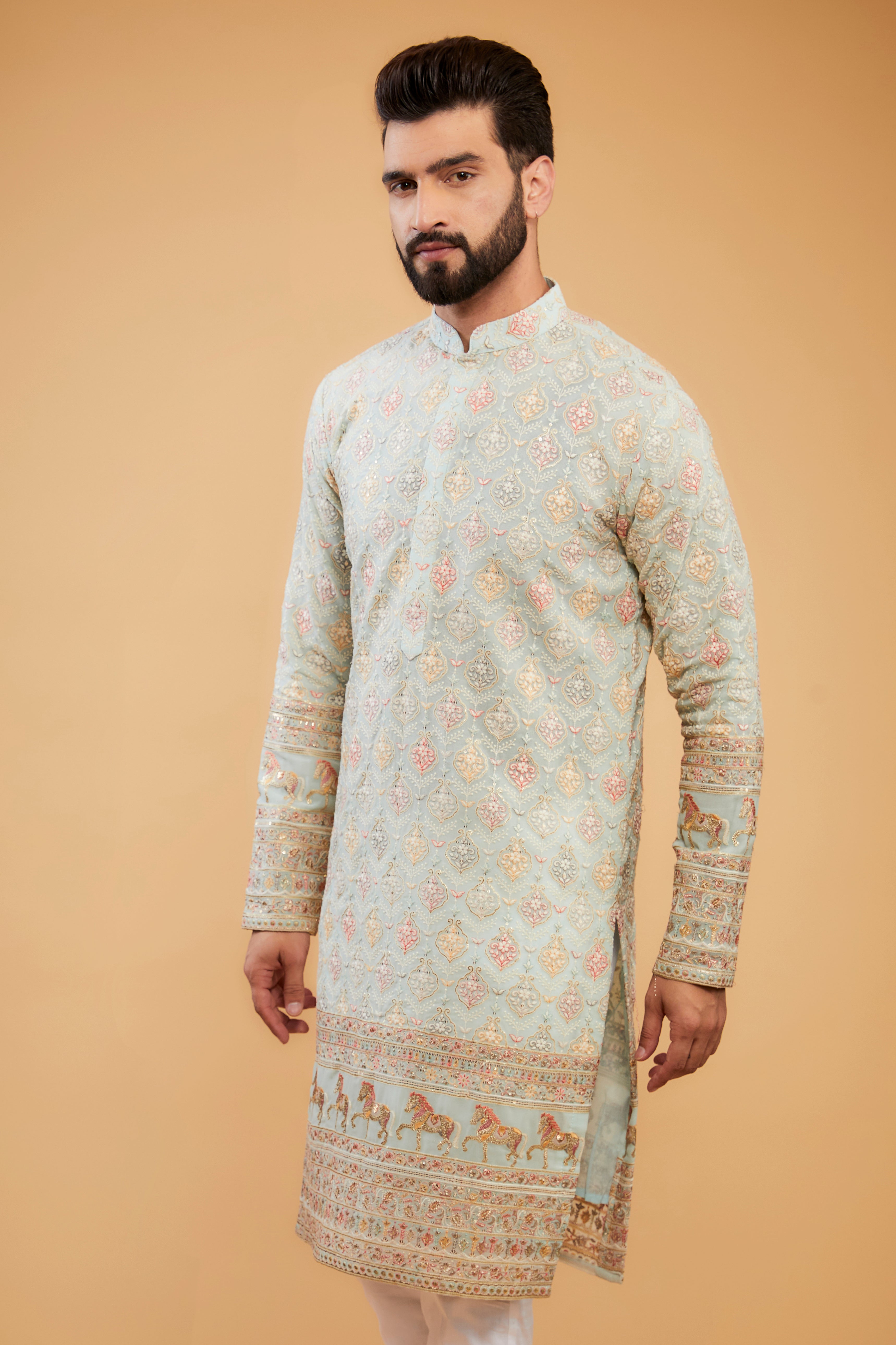 Powder Blue chikankari kurta with heavy embroidered ghera and intricate motifs. - kasbahmen