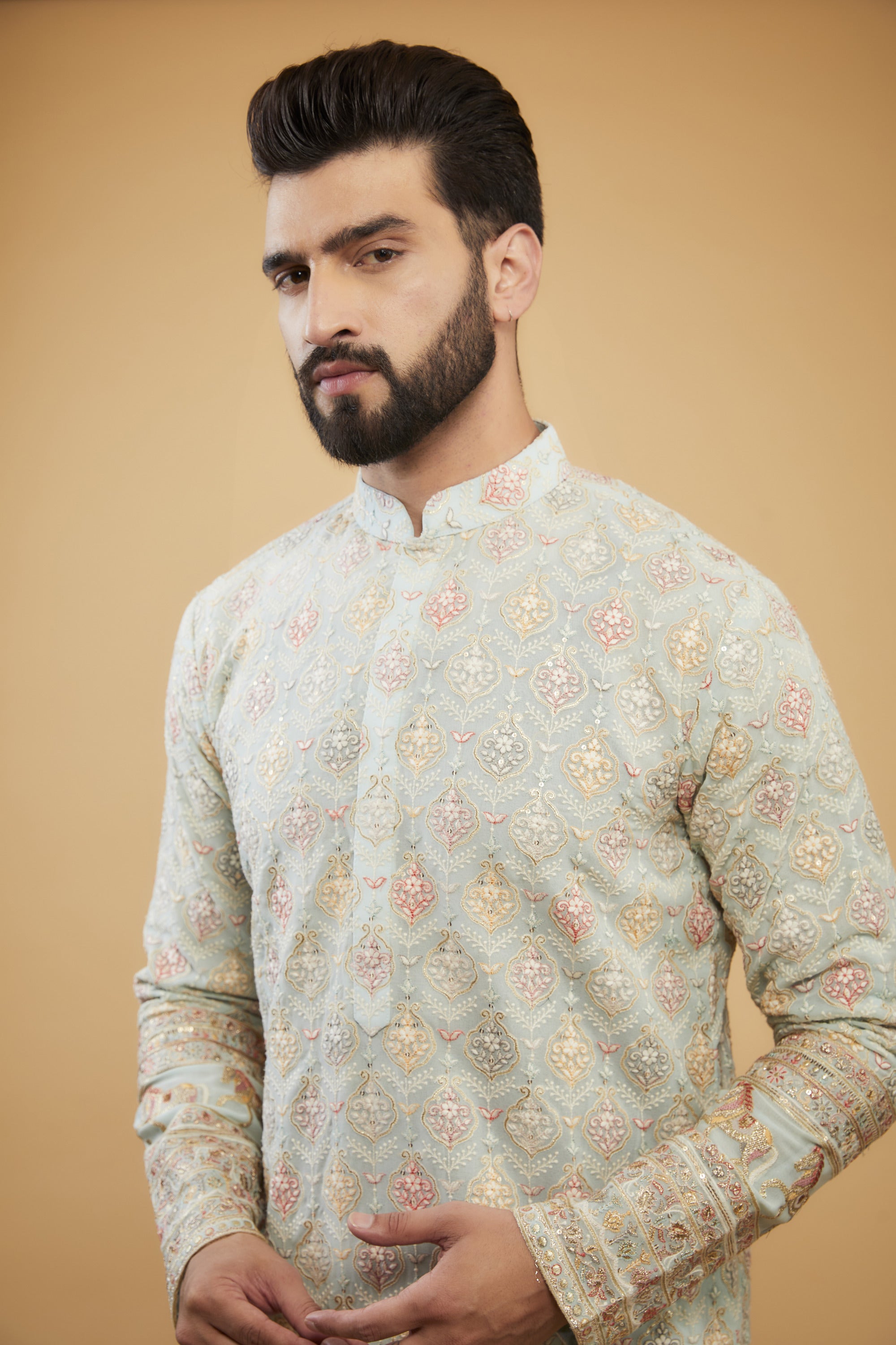 Powder Blue chikankari kurta with heavy embroidered ghera and intricate motifs. - kasbahmen